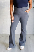 Building Habits Twill Flared Crossover Waist Pant in Titanium-Bottoms-Stay Foxy Boutique, Florissant, Missouri