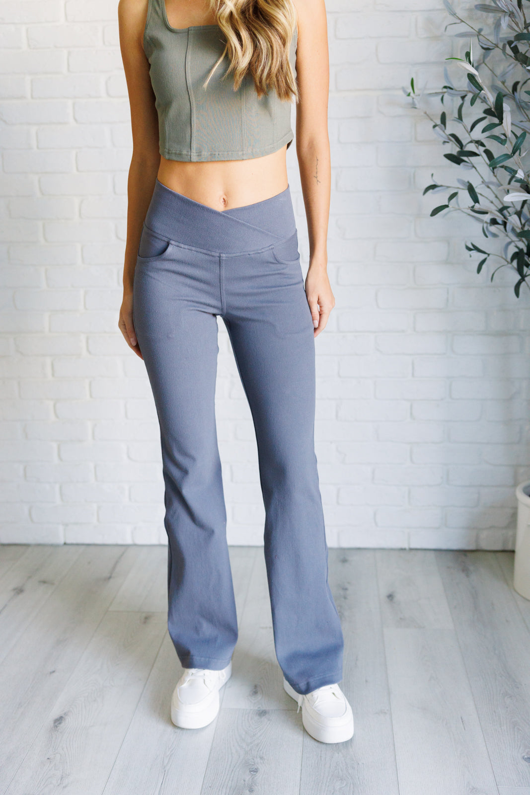 Building Habits Twill Flared Crossover Waist Pant in Titanium-Bottoms-Stay Foxy Boutique, Florissant, Missouri