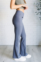 Building Habits Twill Flared Crossover Waist Pant in Titanium-Bottoms-Stay Foxy Boutique, Florissant, Missouri