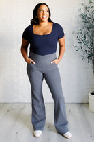 Building Habits Twill Flared Crossover Waist Pant in Titanium-Bottoms-Stay Foxy Boutique, Florissant, Missouri