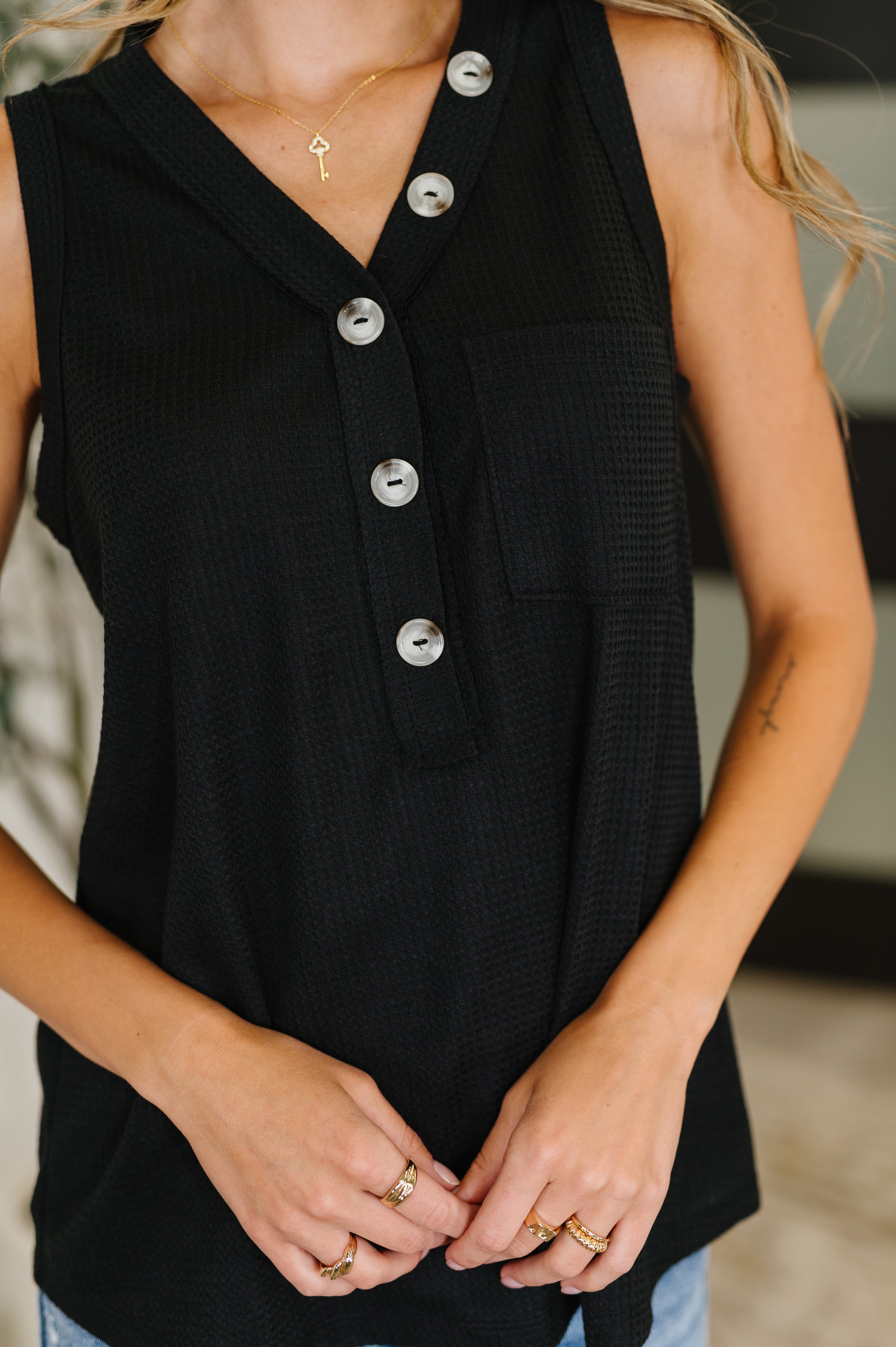 Buttoned Up Buttercup Sleeveless Top in Black-Womens-Stay Foxy Boutique, Florissant, Missouri