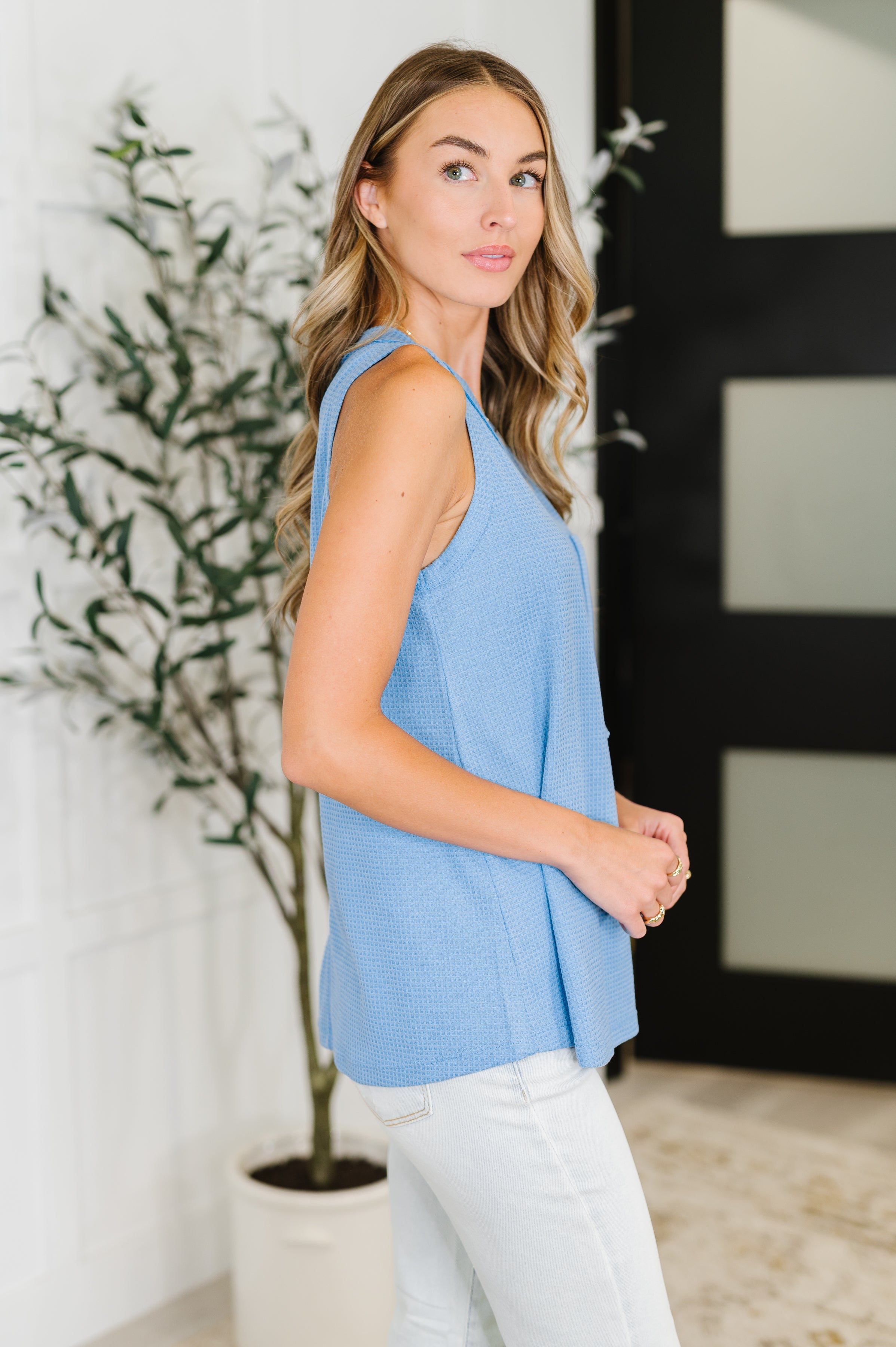 Buttoned Up Buttercup Sleeveless Top in Ocean Blue-Womens-Stay Foxy Boutique, Florissant, Missouri