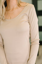 Can You Believe It Basic Long Sleeve Top In Sand-Womens-Stay Foxy Boutique, Florissant, Missouri