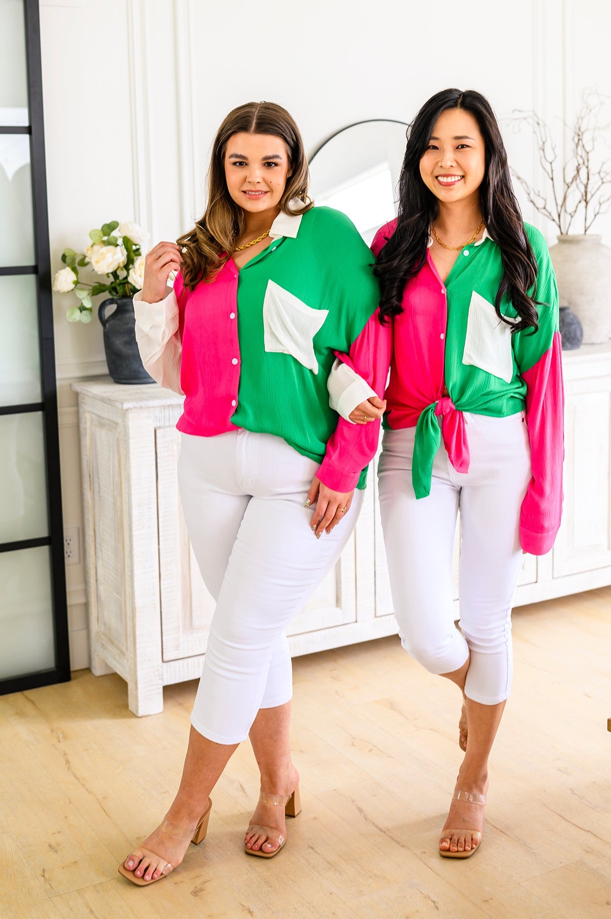 Capture the Day Two Toned Button Up Kelly-Tops-Stay Foxy Boutique, Florissant, Missouri