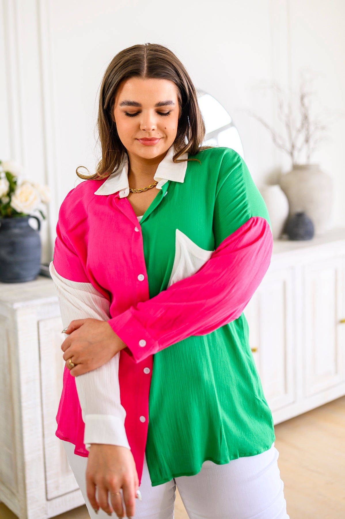 Capture the Day Two Toned Button Up Kelly-Tops-Stay Foxy Boutique, Florissant, Missouri