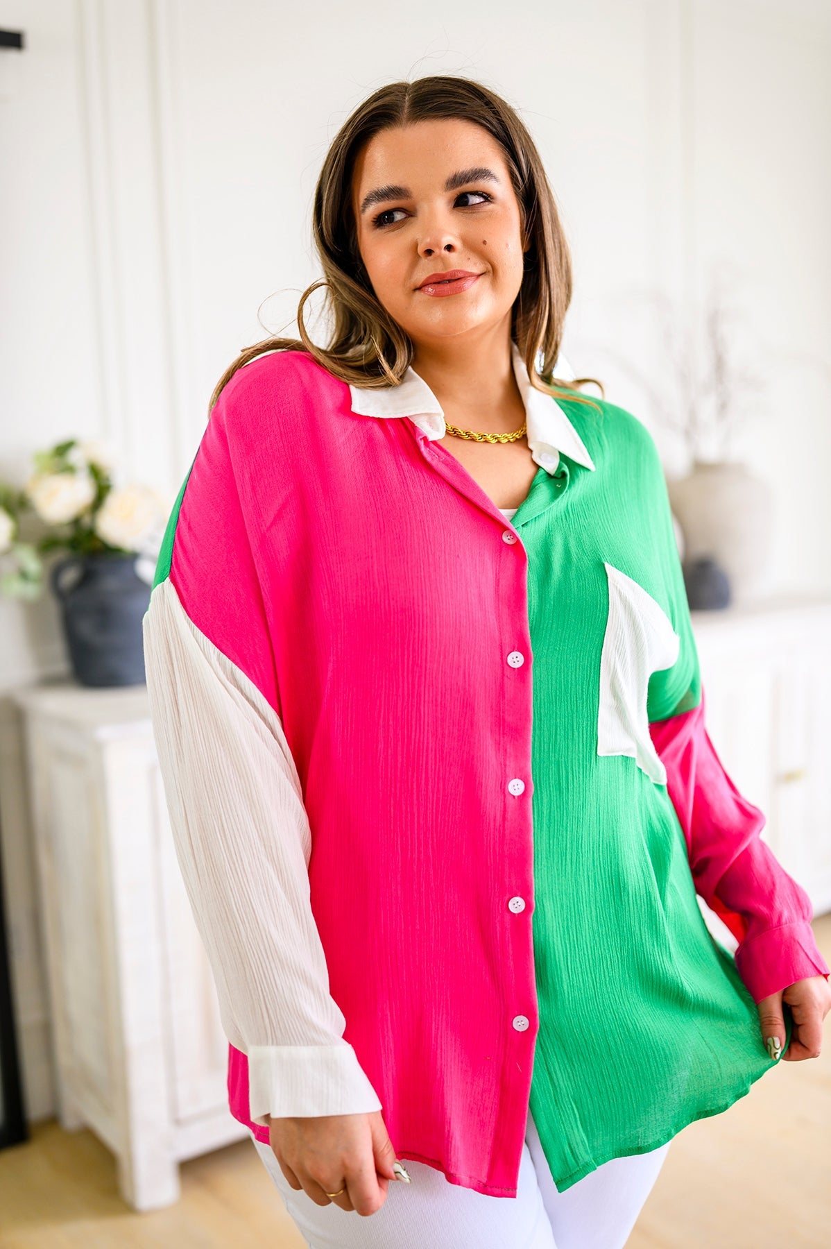 Capture the Day Two Toned Button Up Kelly-Tops-Stay Foxy Boutique, Florissant, Missouri