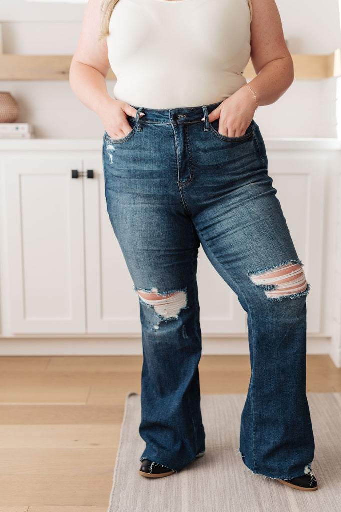 Cassandra High Rise Control Top Distressed Flare Jeans-Womens-Stay Foxy Boutique, Florissant, Missouri
