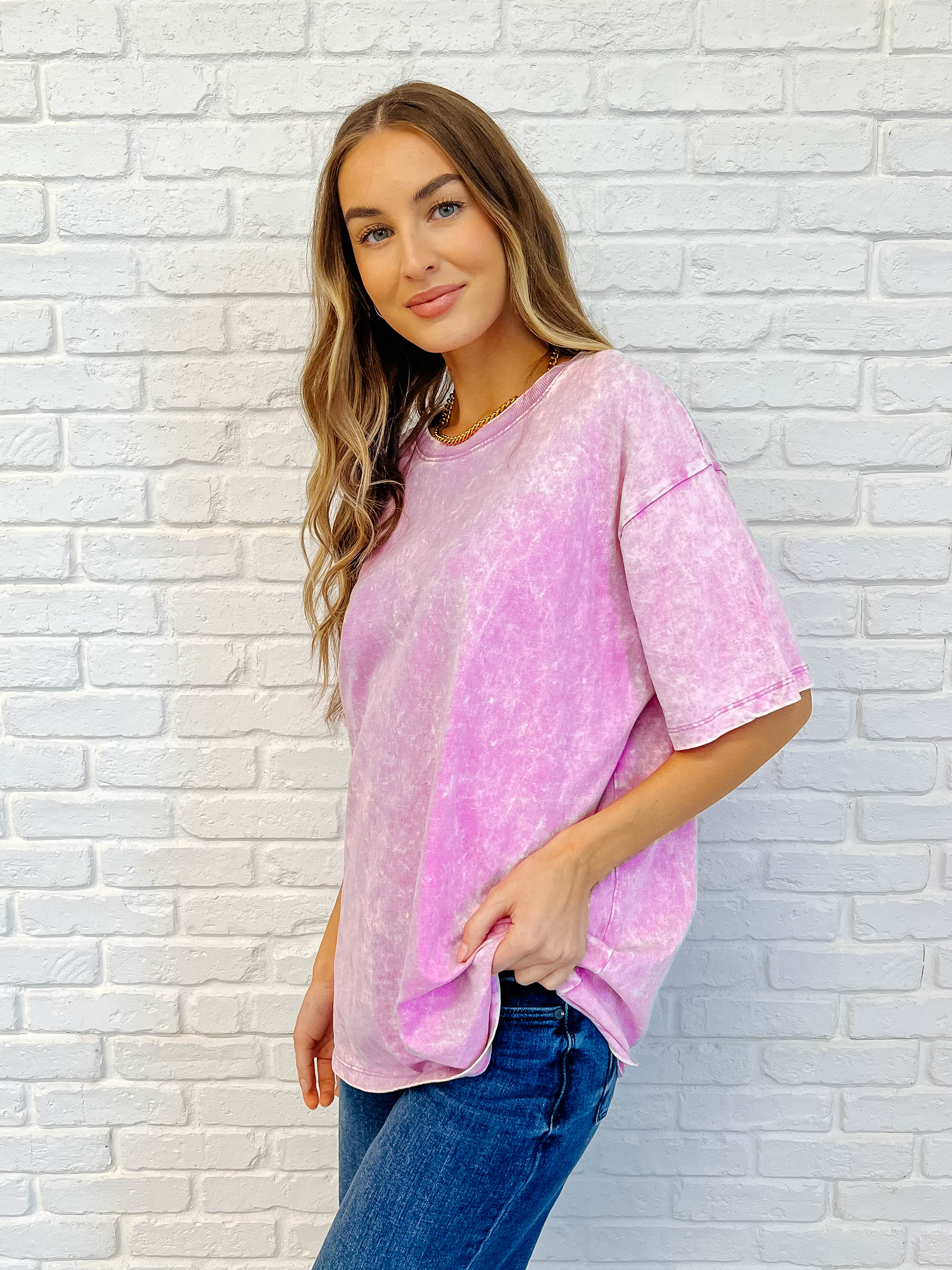 Casual Basic Drop Shoulder Oversized Tee in Bright Mauve-Womens-Stay Foxy Boutique, Florissant, Missouri