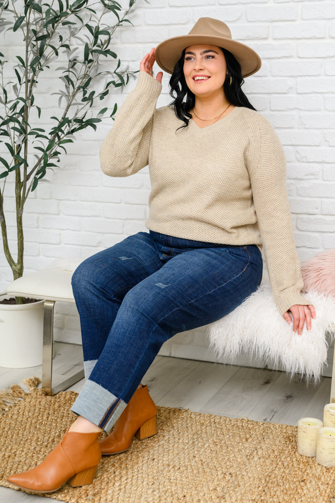 Chai Latte V-Neck Sweater in Oatmeal-Tops-Stay Foxy Boutique, Florissant, Missouri