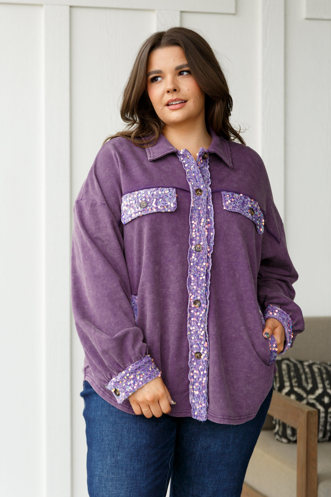 Chaos of Sequins Shacket in Purple-Layers-Stay Foxy Boutique, Florissant, Missouri