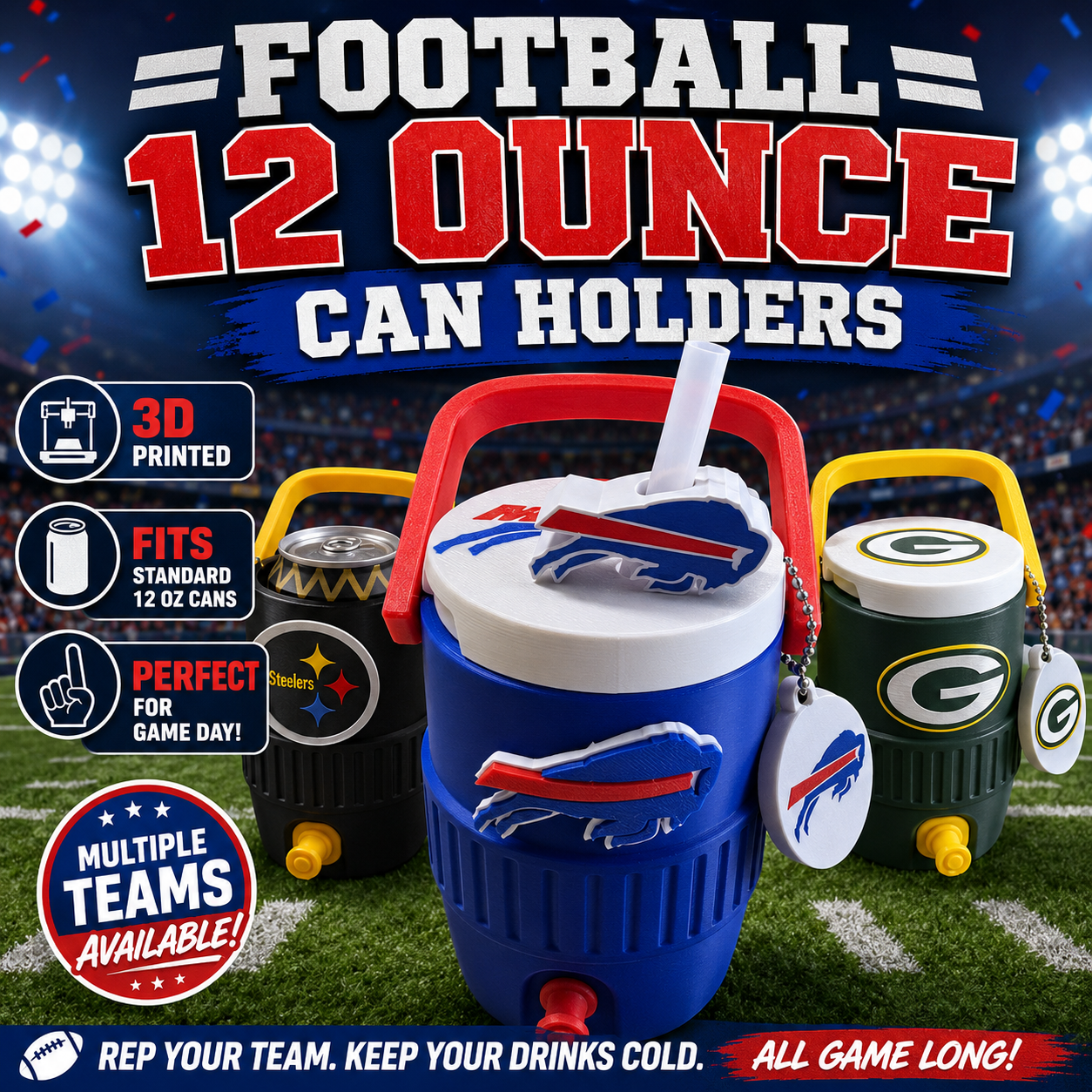 FOOTBALL FAV TEAMS-3D PRINTED CUSTOM 12 OUNCE CAN HOLDERS-Stay Foxy Boutique, Florissant, Missouri