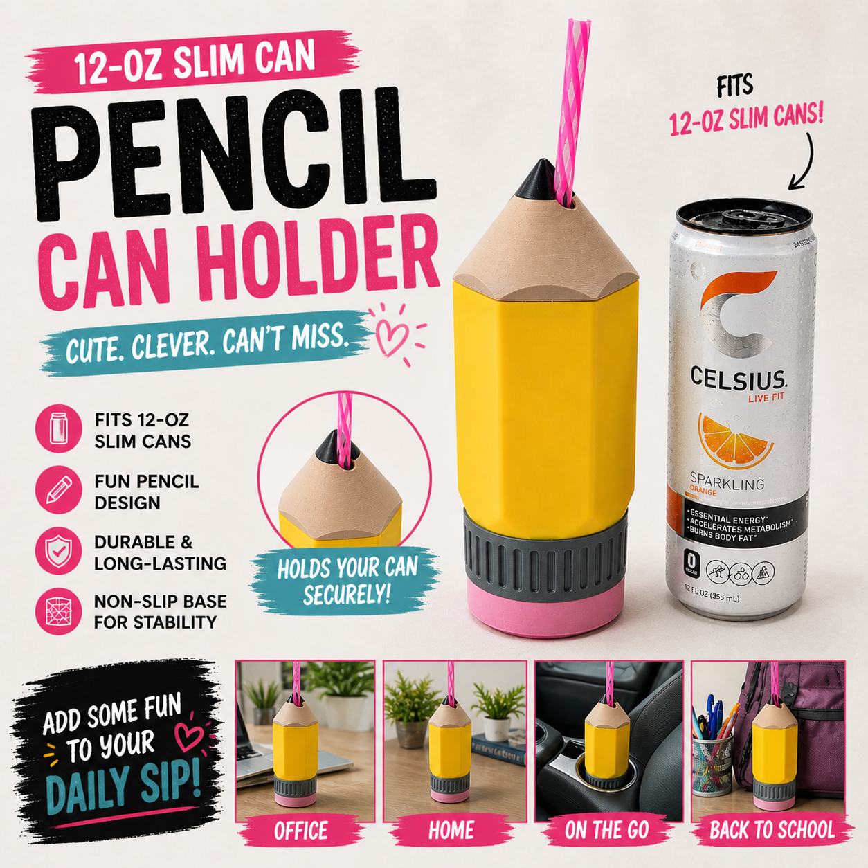 3D PRINTED CUSTOM PENCIL 12 OUNCE SKINNY CAN HOLDER-Stay Foxy Boutique, Florissant, Missouri