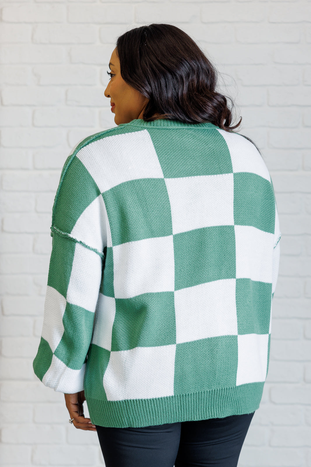 Check Yourself Checkered Sweater in Green-Tops-Stay Foxy Boutique, Florissant, Missouri