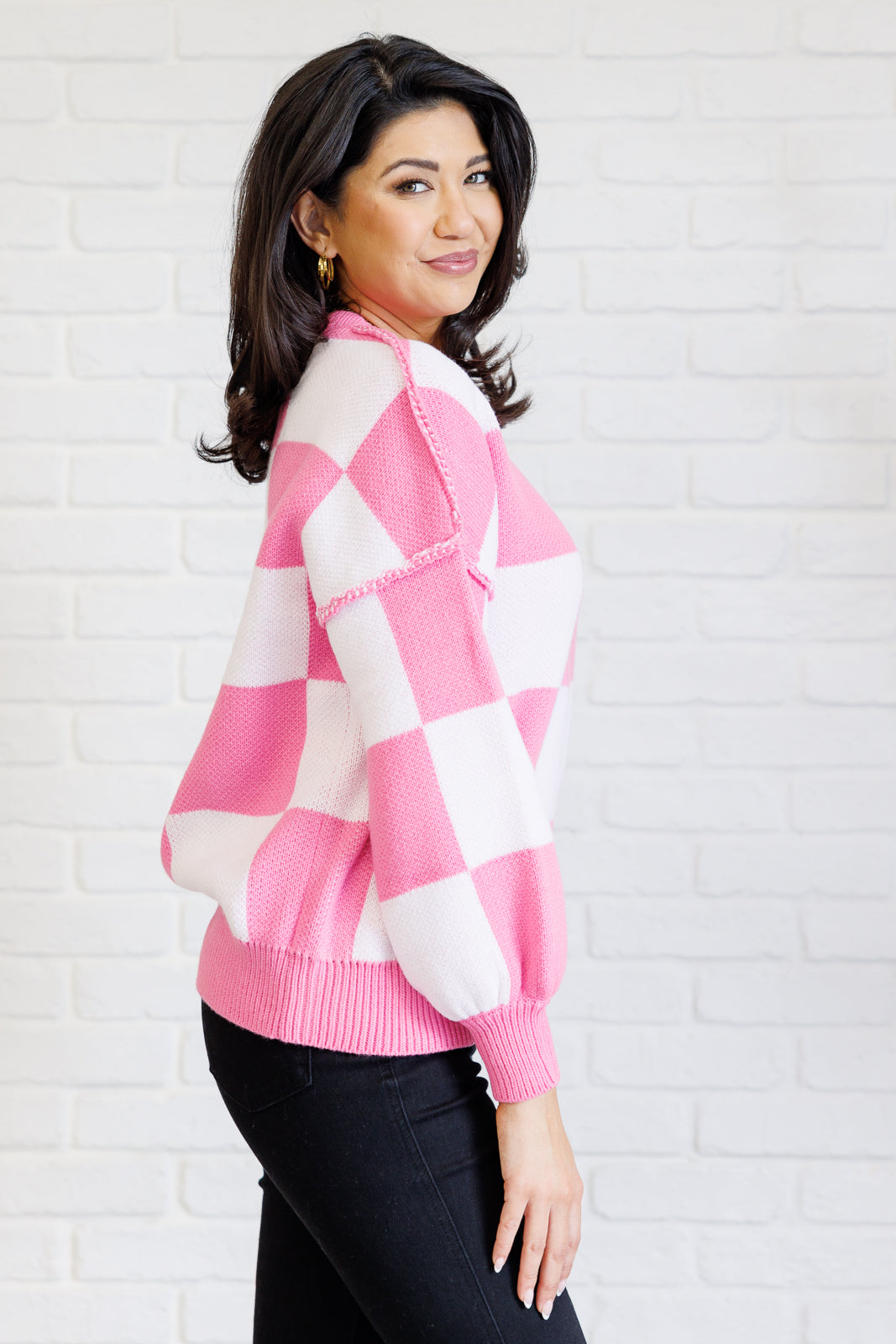 Check Yourself Checkered Sweater in Pink-Tops-Stay Foxy Boutique, Florissant, Missouri