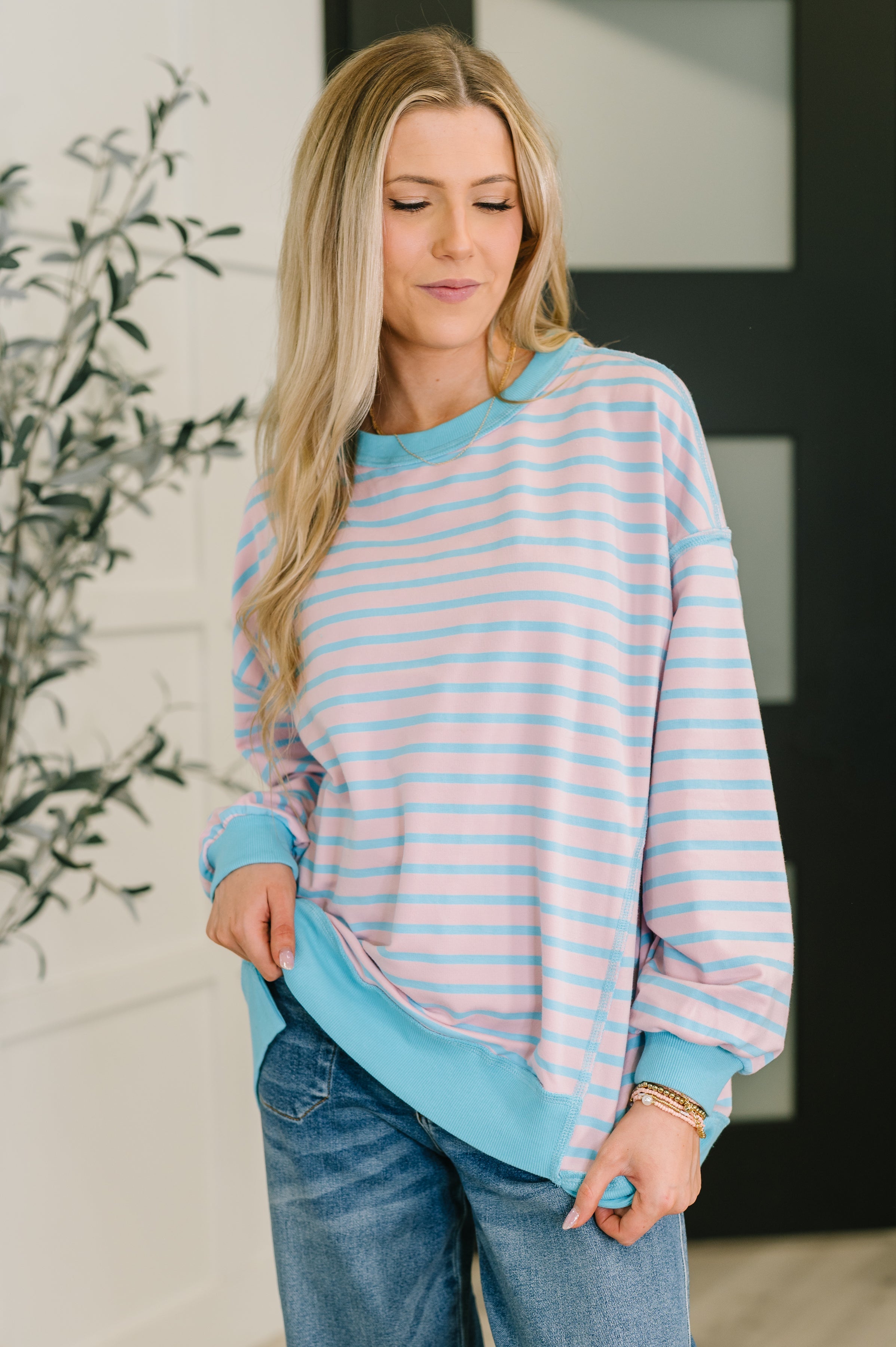Color Clash Drop Shoulder Long Sleeve-Womens-Stay Foxy Boutique, Florissant, Missouri