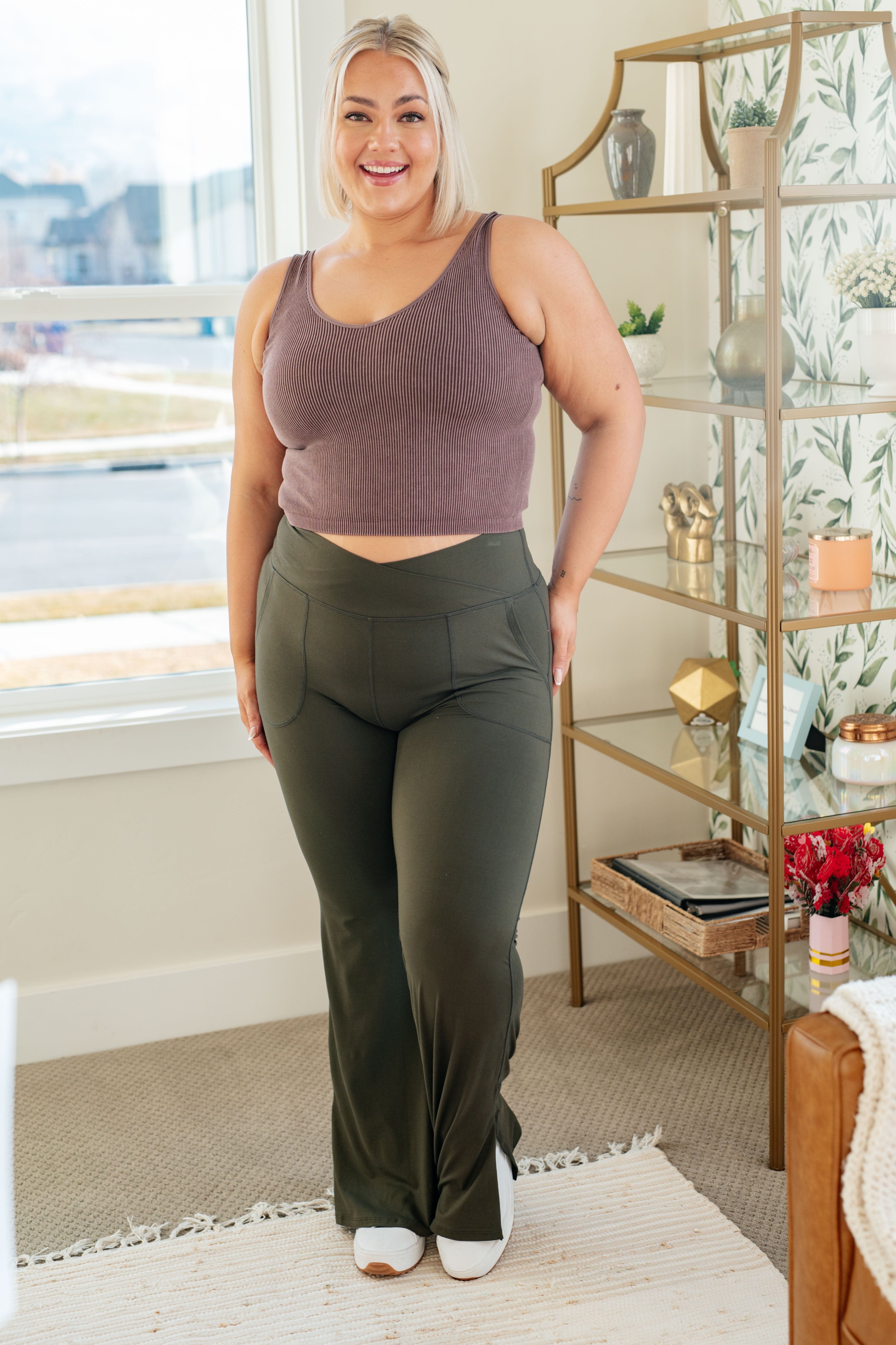 On the Move V Front Flare Leggings in Olive-Athleisure-Stay Foxy Boutique, Florissant, Missouri