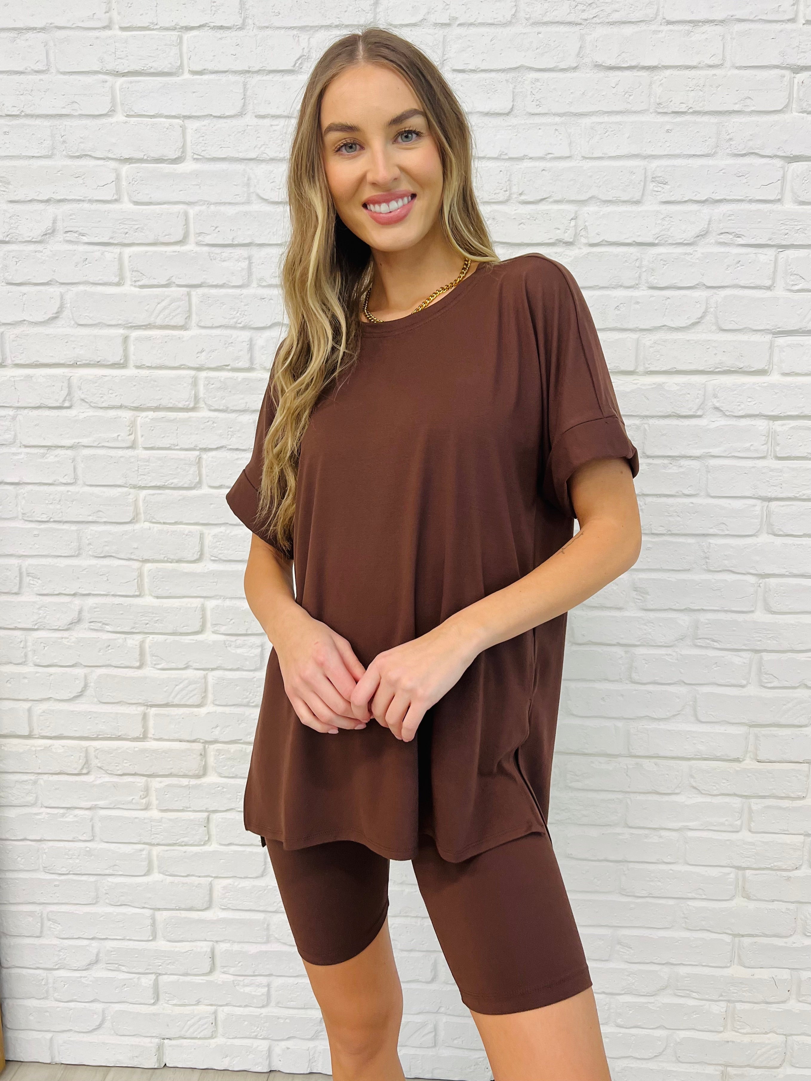 Comfy Cruising Top and Biker Shorts Set in Mahogany-Womens-Stay Foxy Boutique, Florissant, Missouri