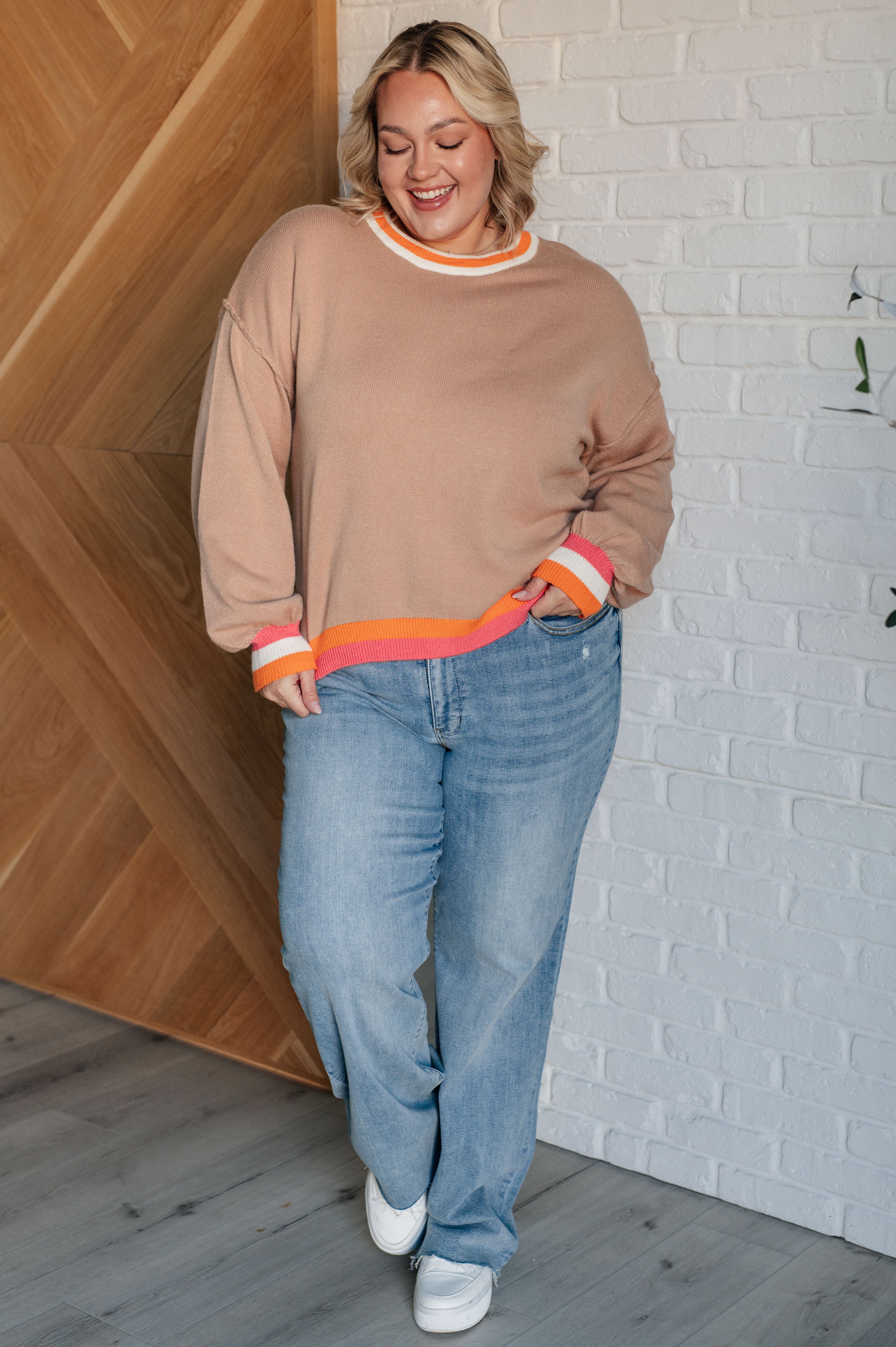 Conversational Moment Striped Trim Sweater-Tops-Stay Foxy Boutique, Florissant, Missouri