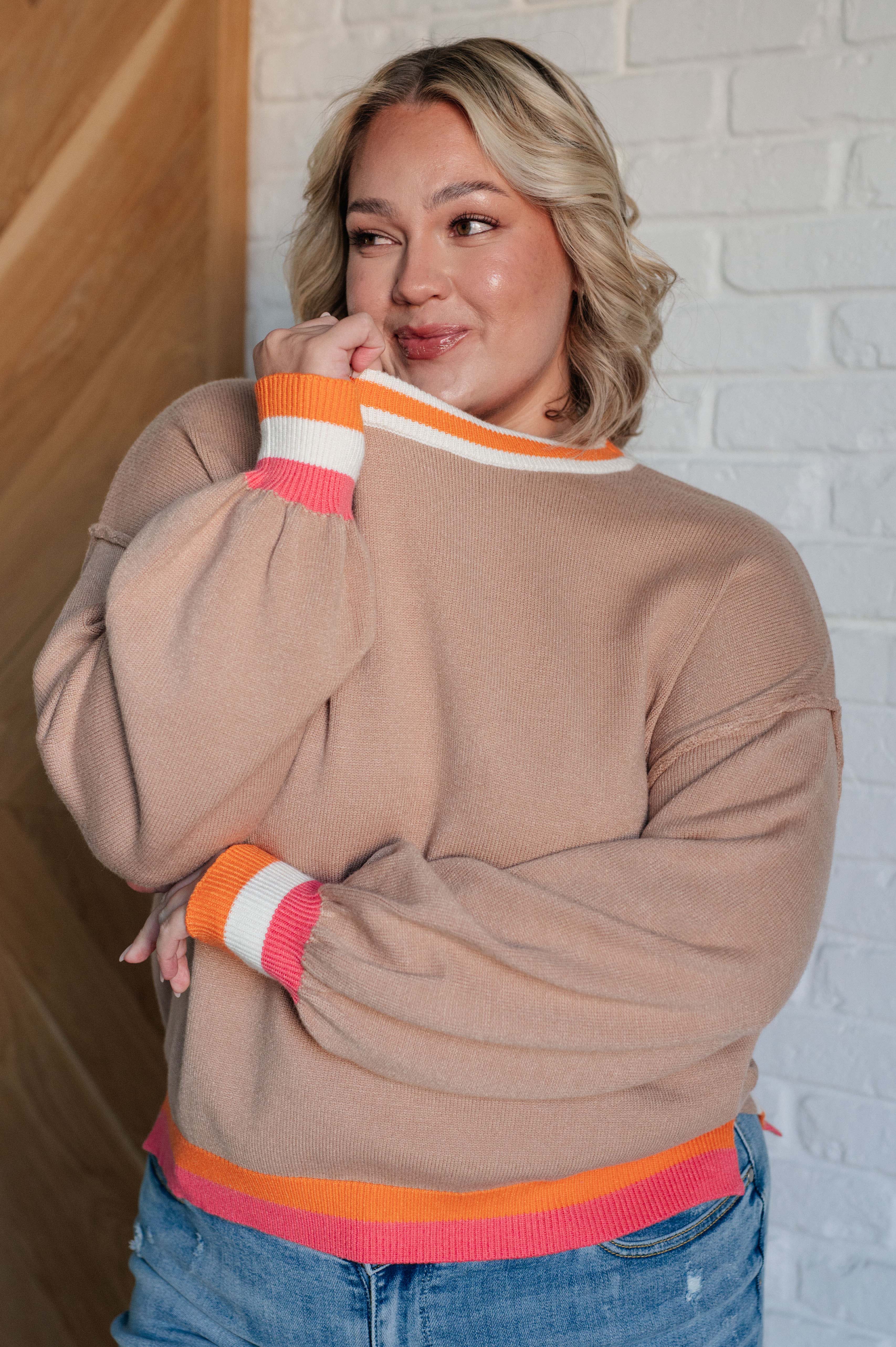 Conversational Moment Striped Trim Sweater-Tops-Stay Foxy Boutique, Florissant, Missouri