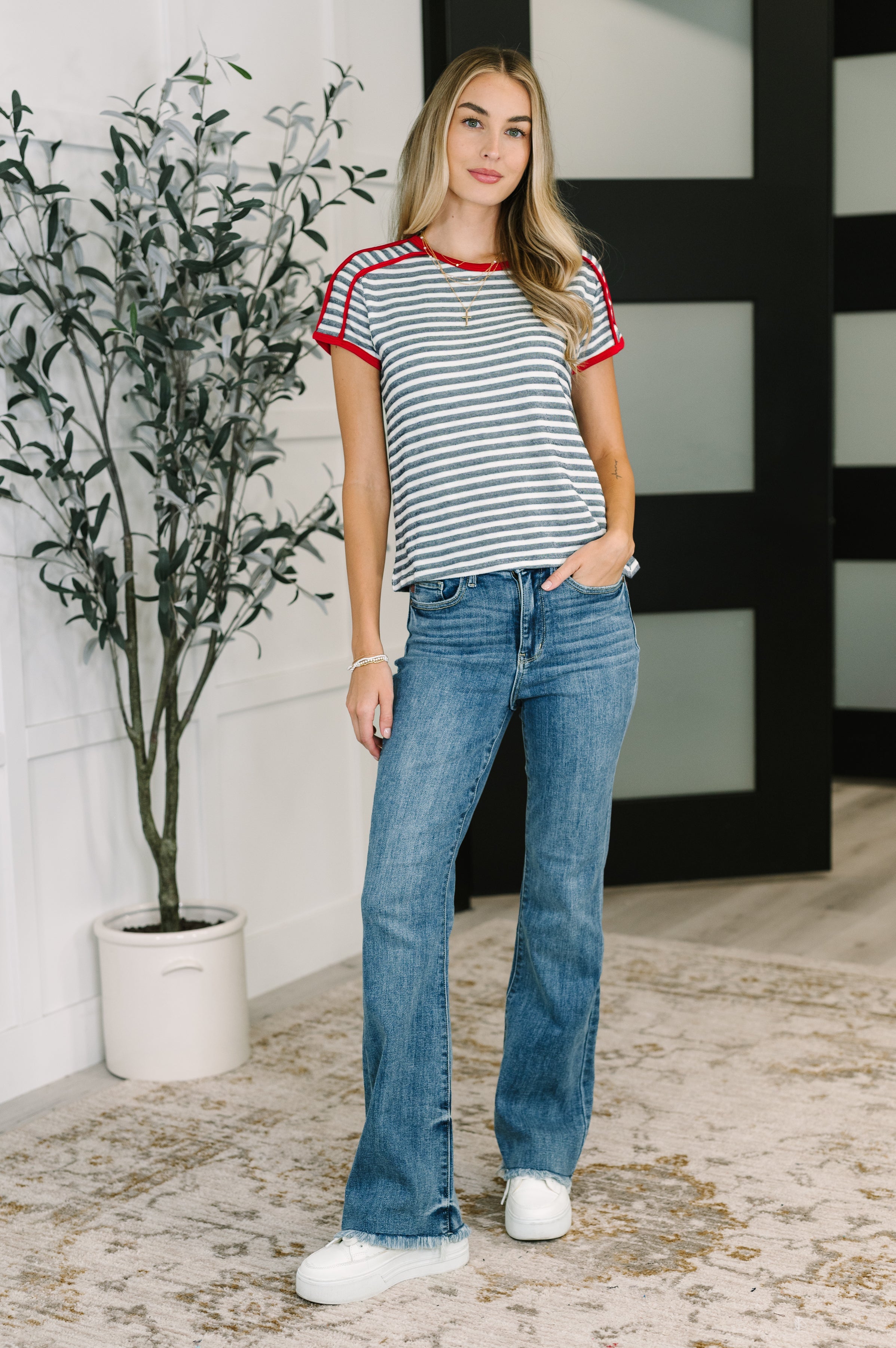 Country Stripe Casual Tee in Navy White-Womens-Stay Foxy Boutique, Florissant, Missouri
