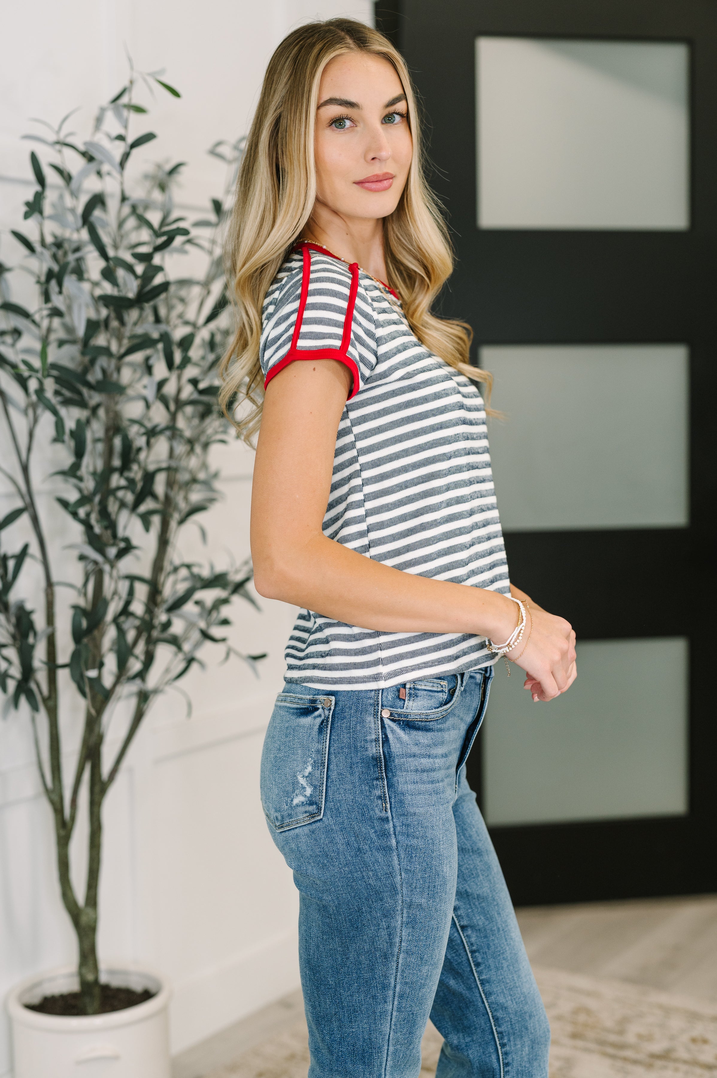 Country Stripe Casual Tee in Navy White-Womens-Stay Foxy Boutique, Florissant, Missouri