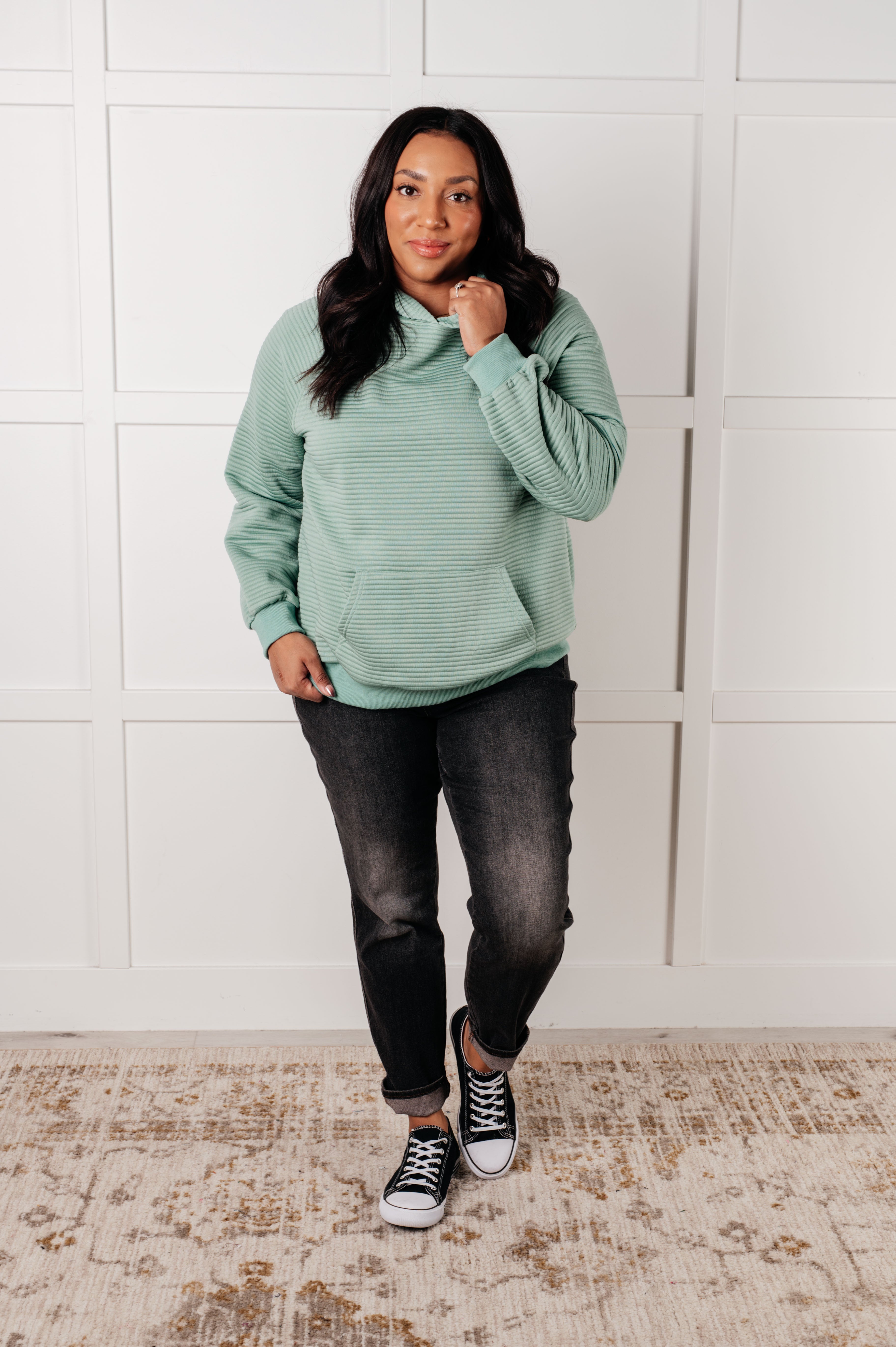 Crosswalk Textured Hoodie in Green-Tops-Stay Foxy Boutique, Florissant, Missouri