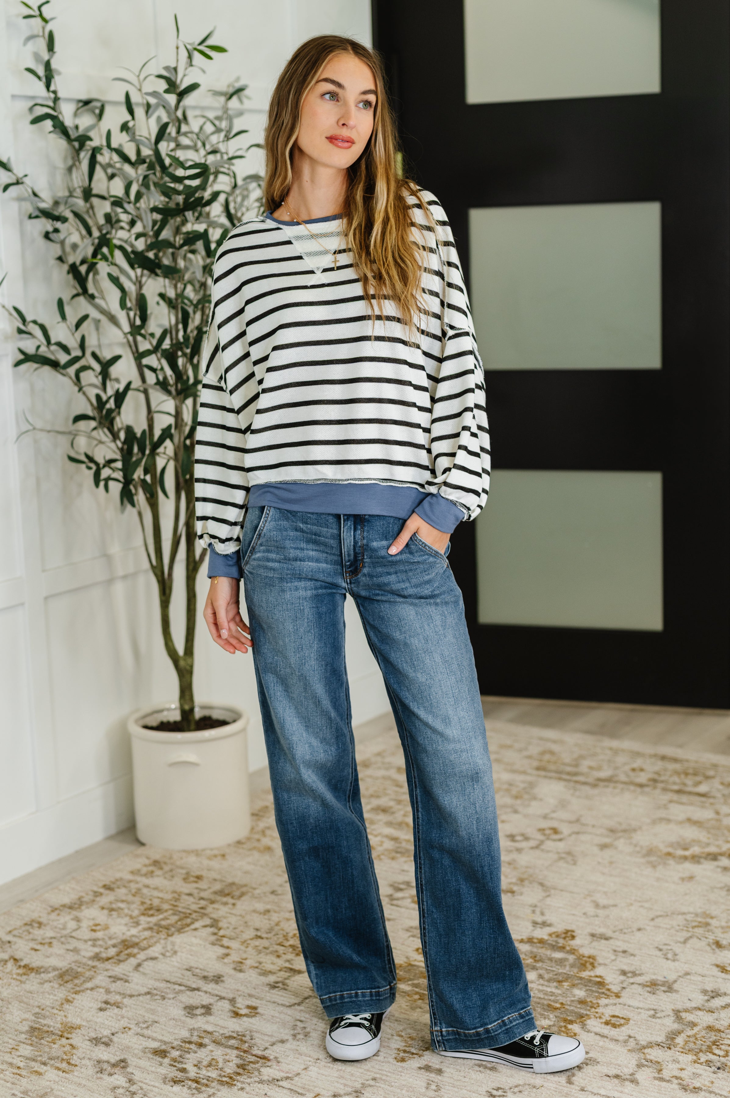 Cute in Comfort Crew Neck Pullover in White, Black and Denim-Womens-Stay Foxy Boutique, Florissant, Missouri