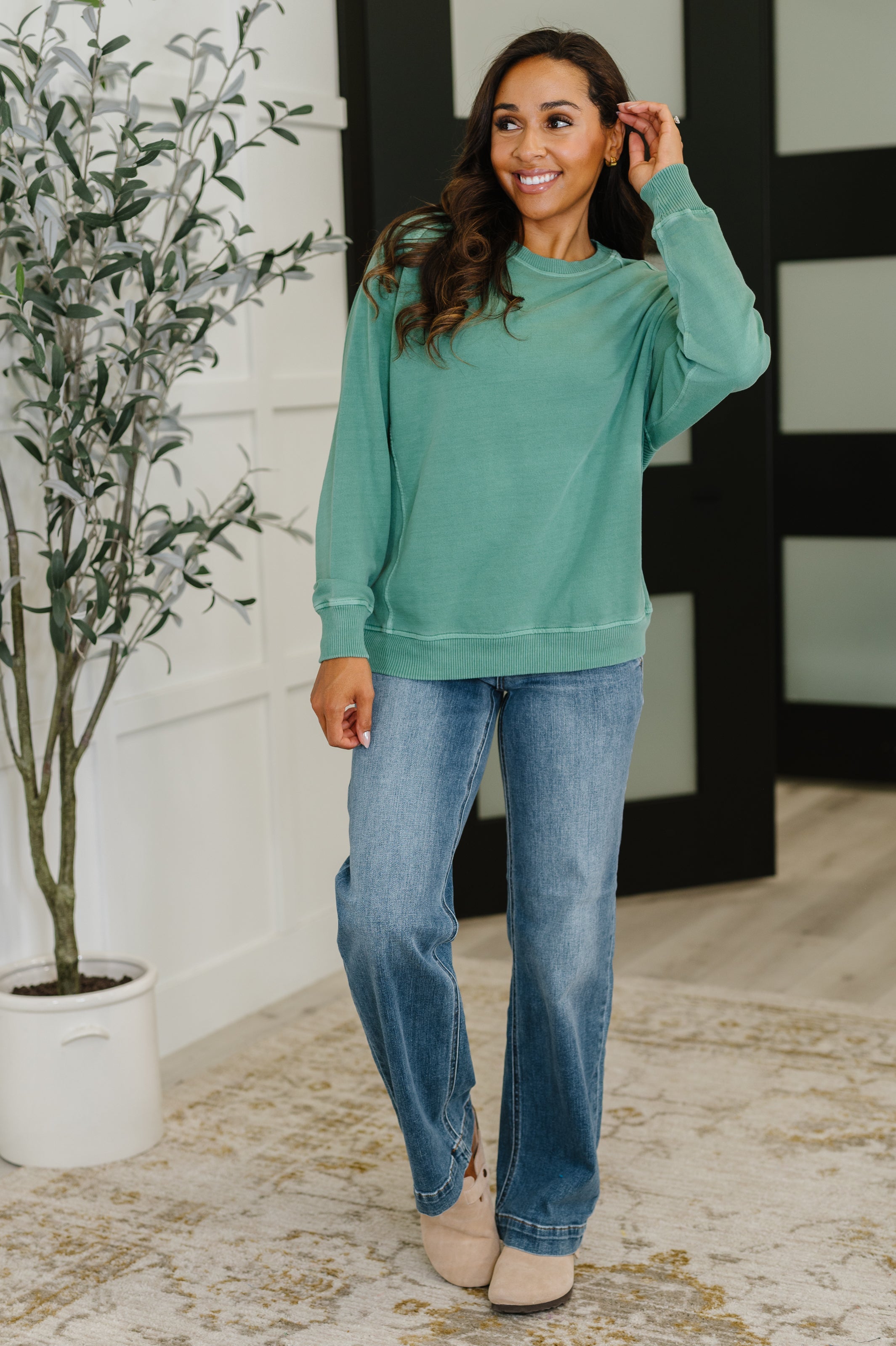 Daily Ease Mineral Wash Pullover in Dark Green-Womens-Stay Foxy Boutique, Florissant, Missouri