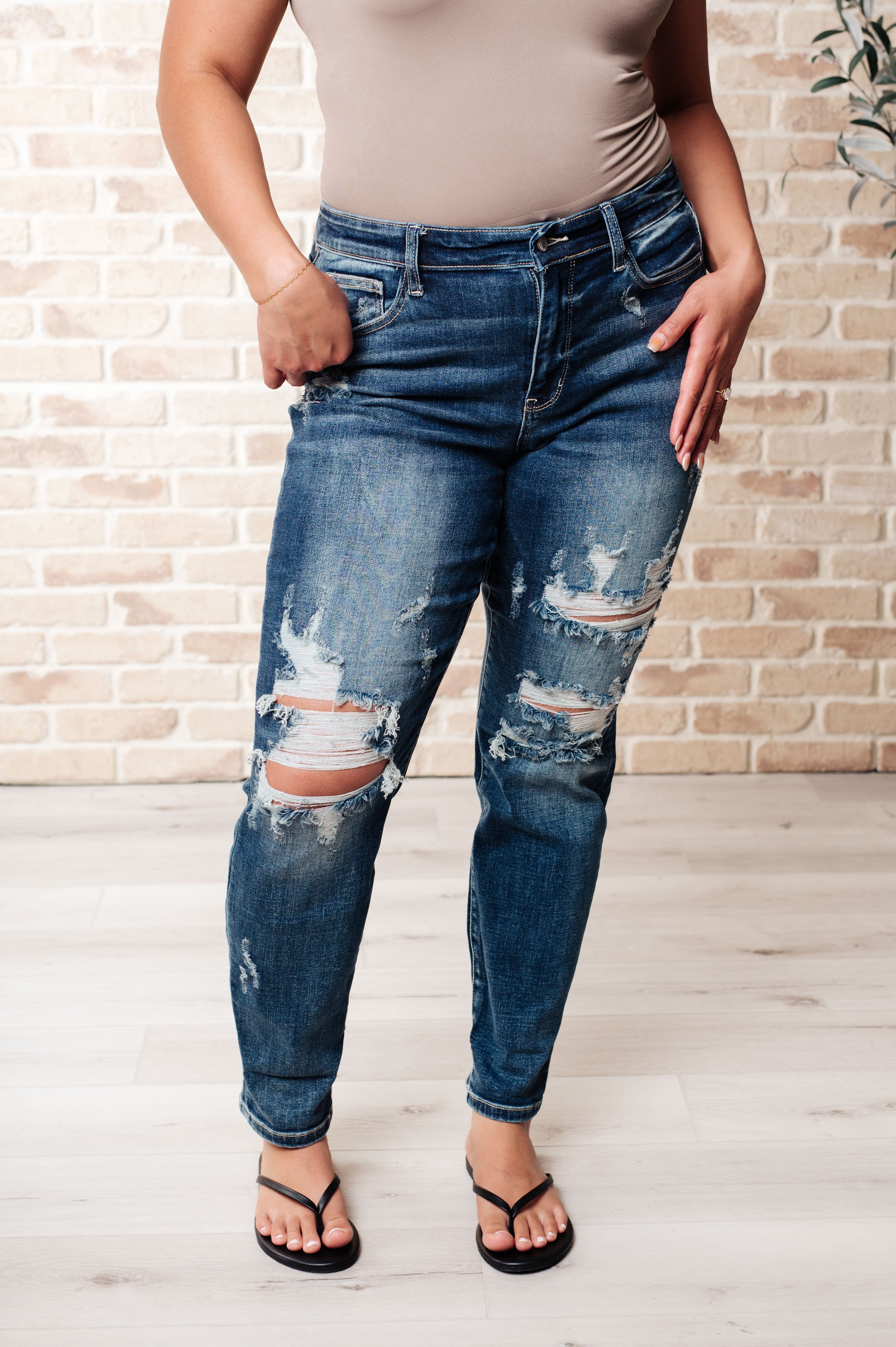 Danny Mid Rise Cuffed Destroyed Boyfriend Jeans-Denim-Stay Foxy Boutique, Florissant, Missouri