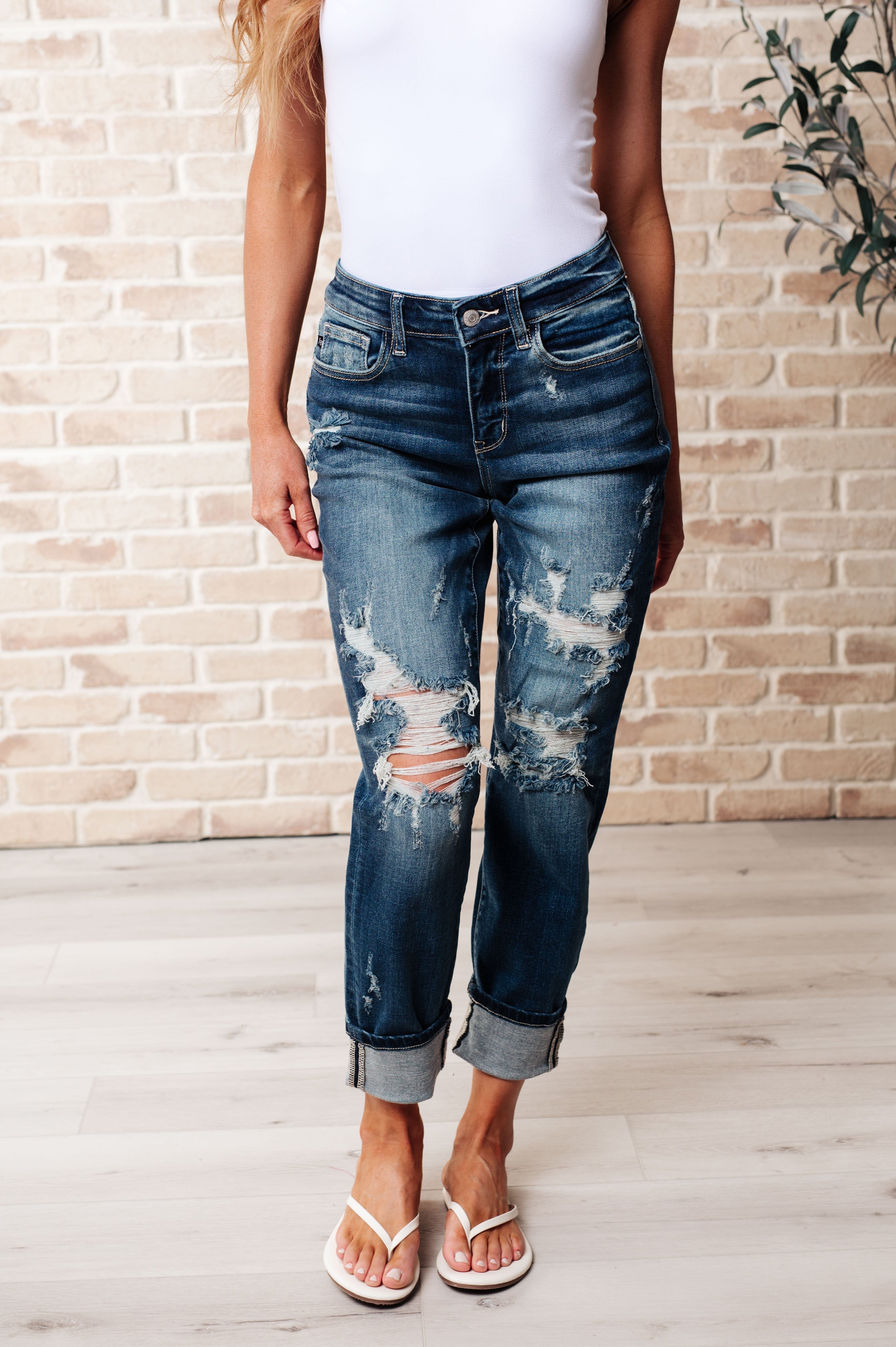 Danny Mid Rise Cuffed Destroyed Boyfriend Jeans-Denim-Stay Foxy Boutique, Florissant, Missouri