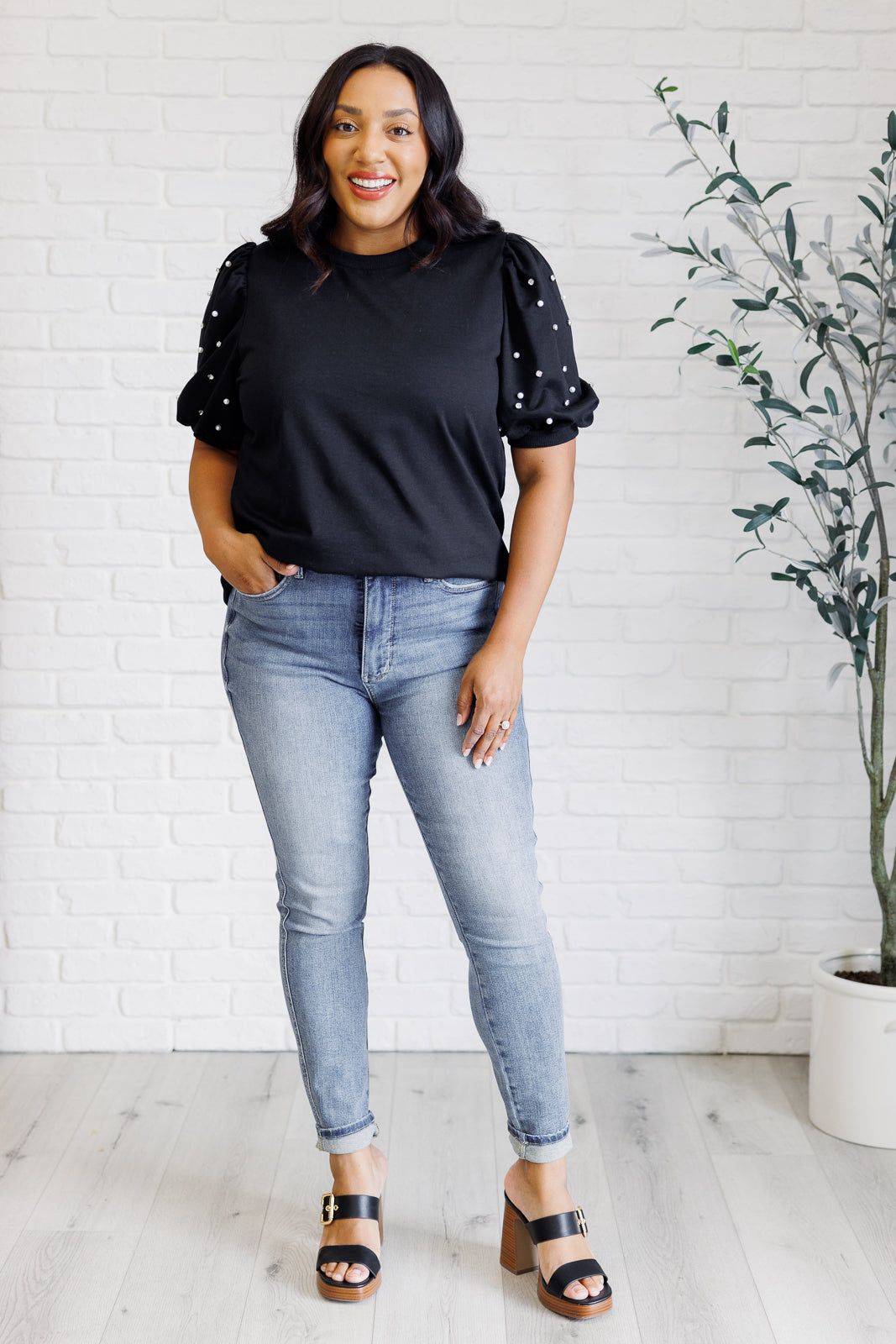 Diamonds and Pearls Puff Sleeve Top in Black-Tops-Stay Foxy Boutique, Florissant, Missouri