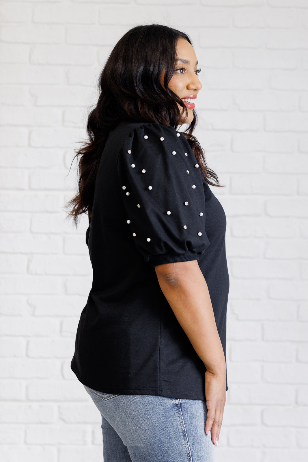 Diamonds and Pearls Puff Sleeve Top in Black-Tops-Stay Foxy Boutique, Florissant, Missouri