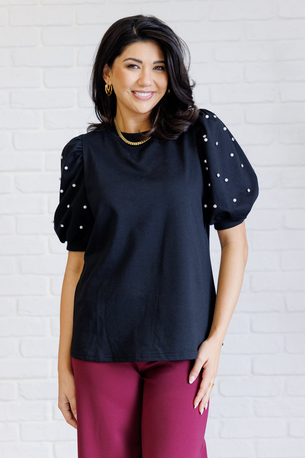 Diamonds and Pearls Puff Sleeve Top in Black-Tops-Stay Foxy Boutique, Florissant, Missouri