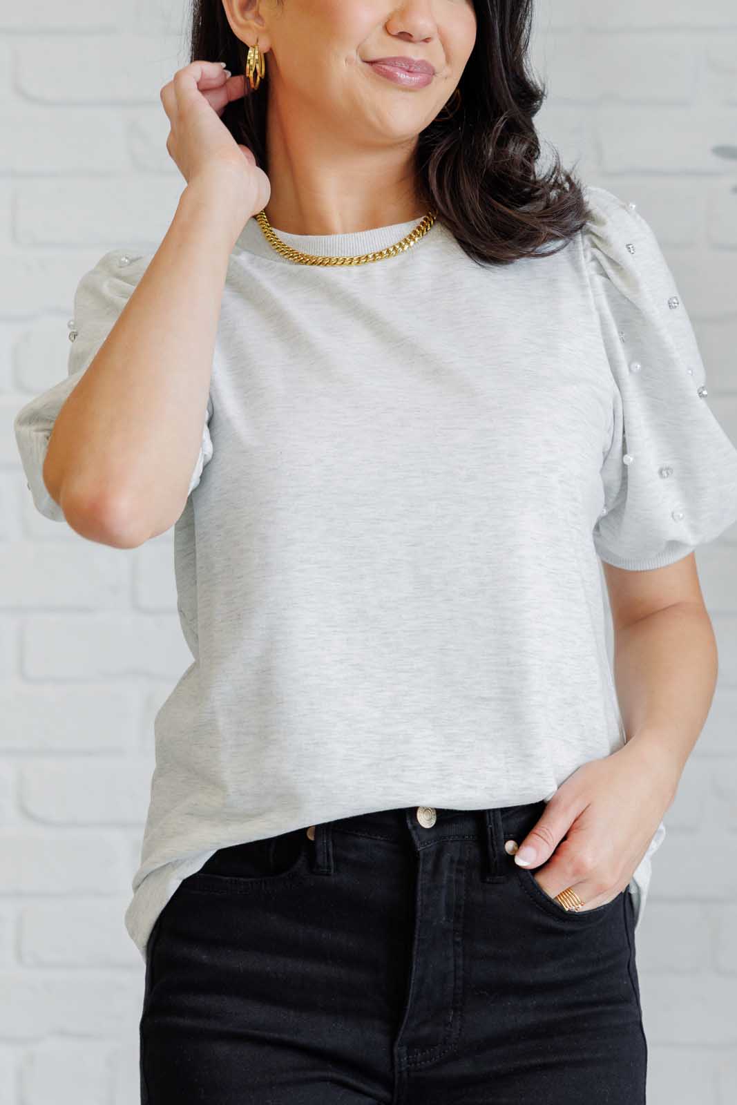 Diamonds and Pearls Puff Sleeve Top in Light Grey-Tops-Stay Foxy Boutique, Florissant, Missouri