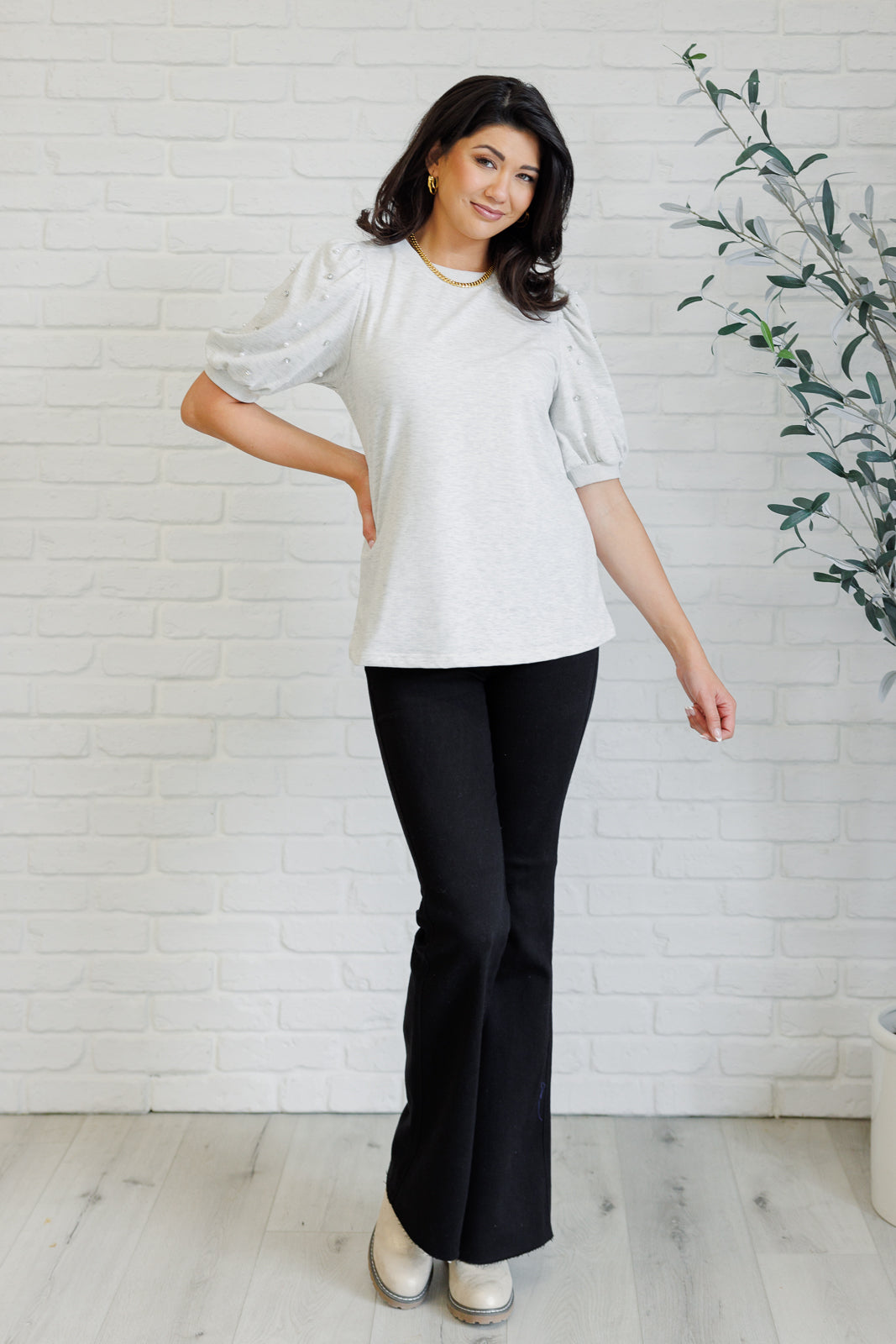 Diamonds and Pearls Puff Sleeve Top in Light Grey-Tops-Stay Foxy Boutique, Florissant, Missouri