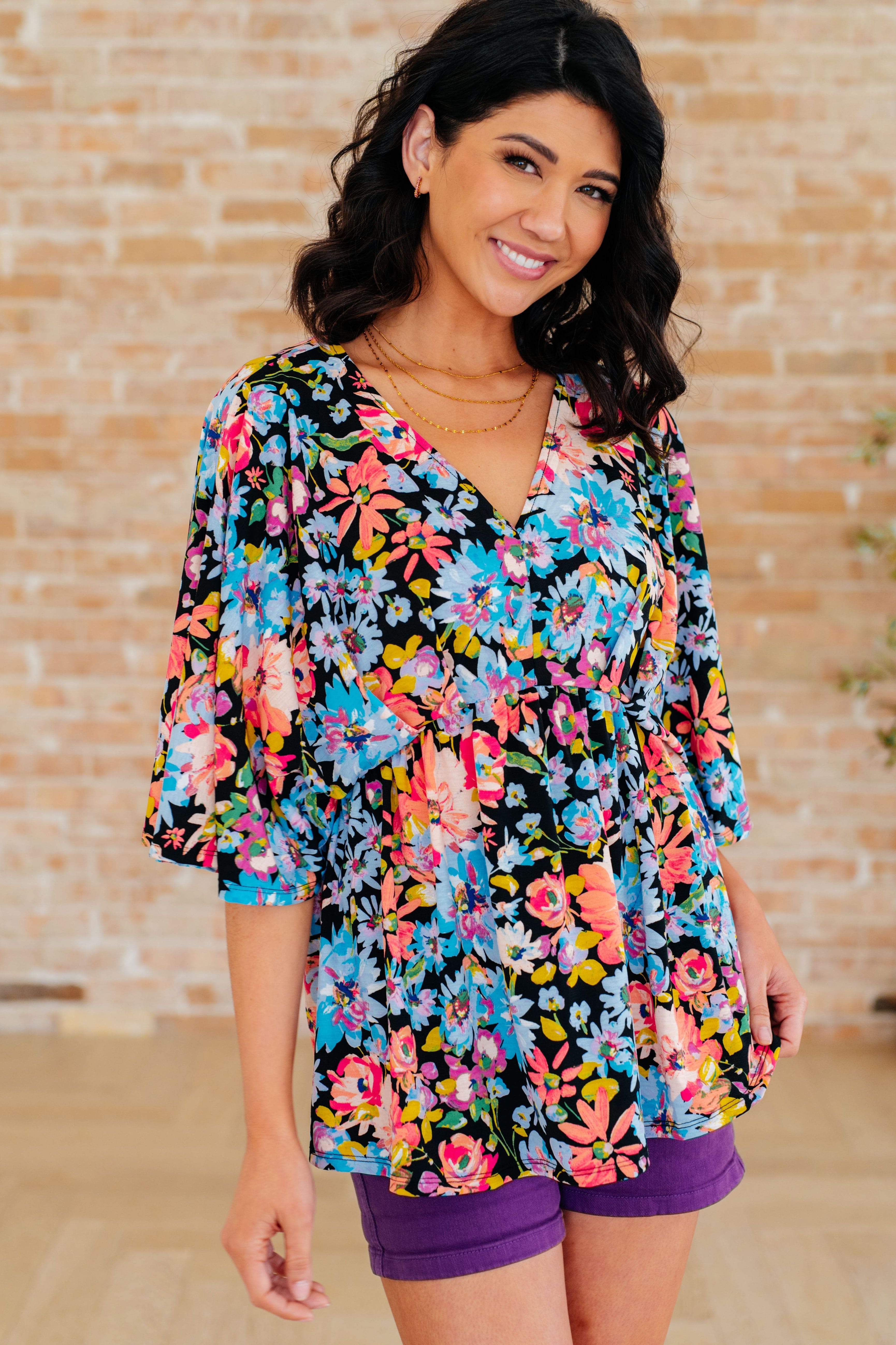 Dreamer Peplum Top in Black Multi Floral-Tops-Stay Foxy Boutique, Florissant, Missouri