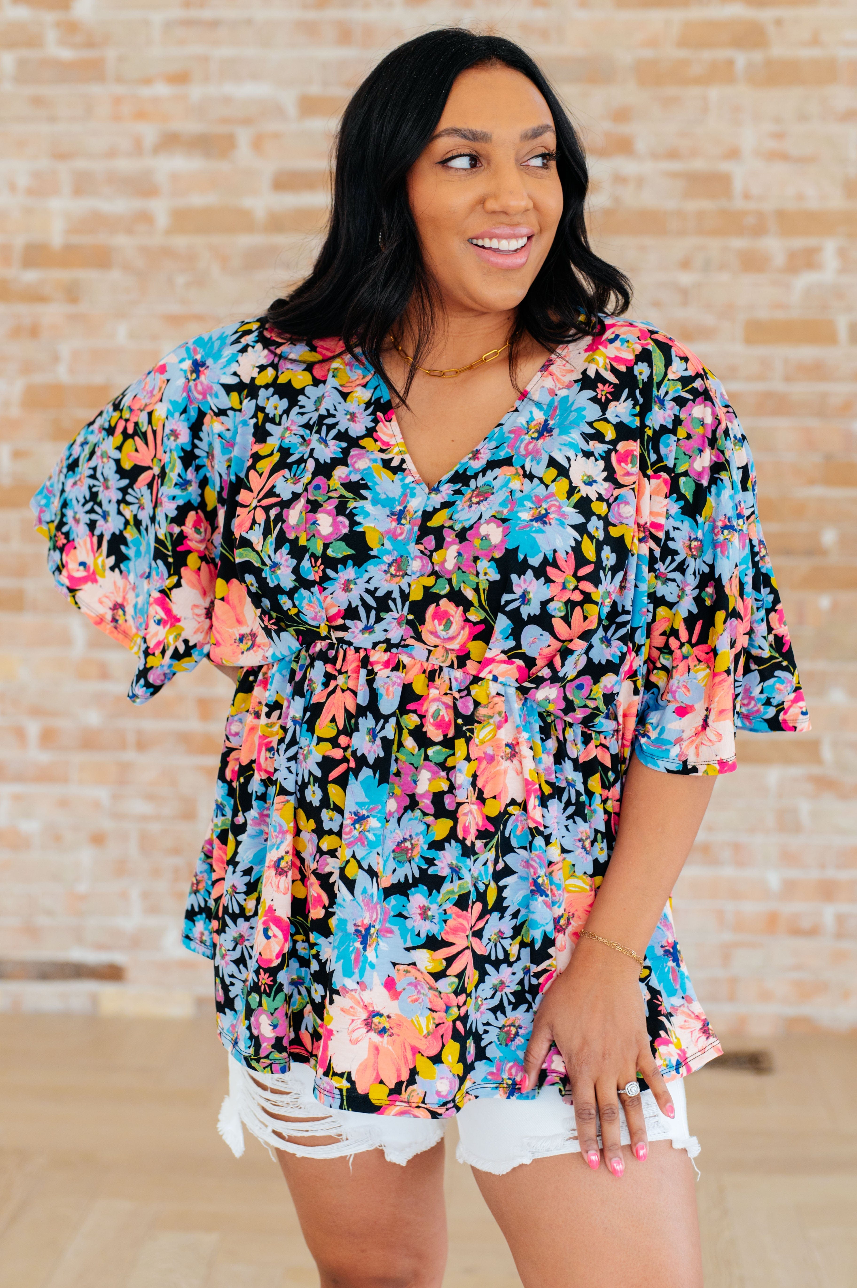 Dreamer Peplum Top in Black Multi Floral-Tops-Stay Foxy Boutique, Florissant, Missouri