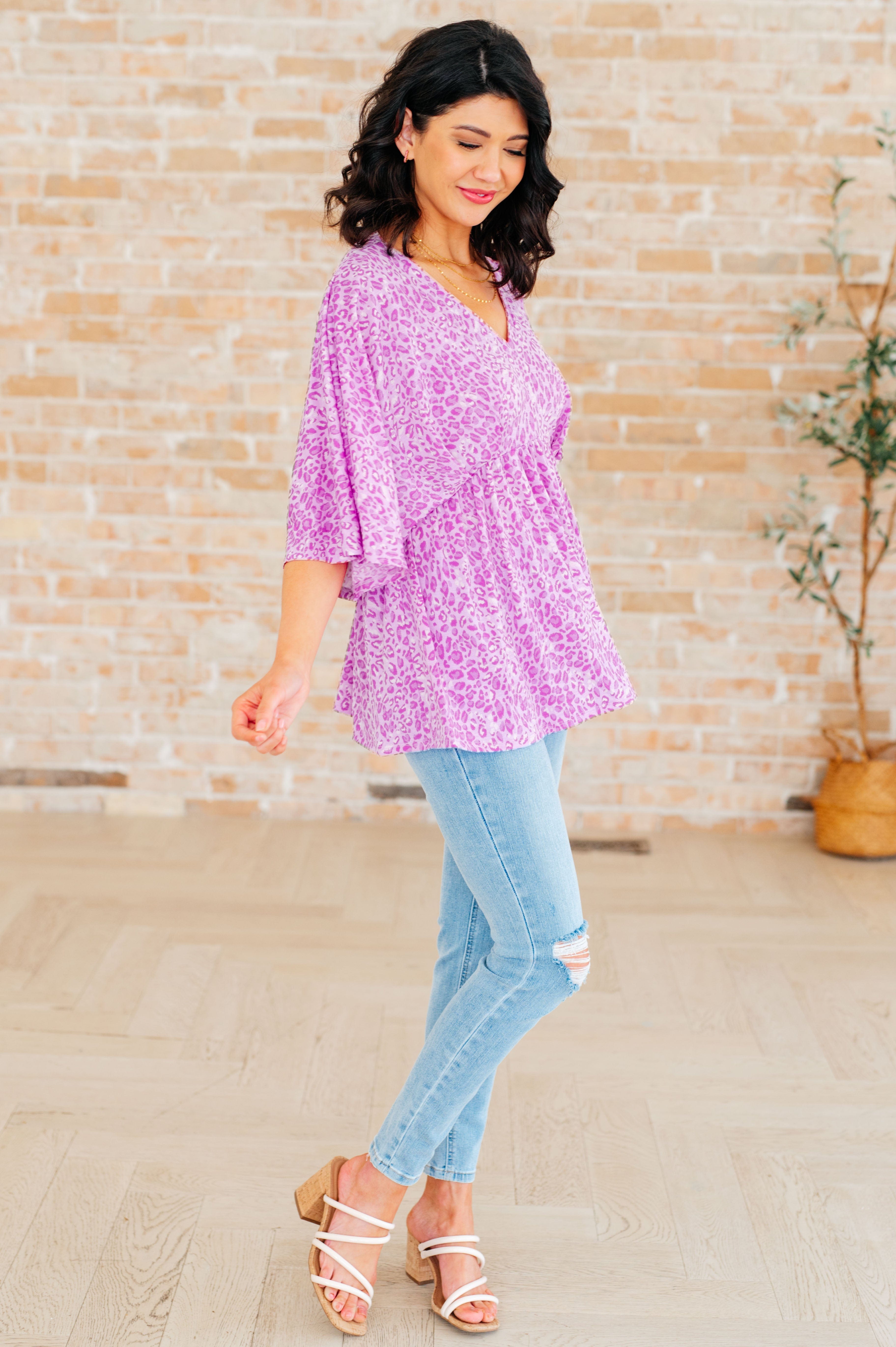 Dreamer Peplum Top in Lavender Leopard-Tops-Stay Foxy Boutique, Florissant, Missouri