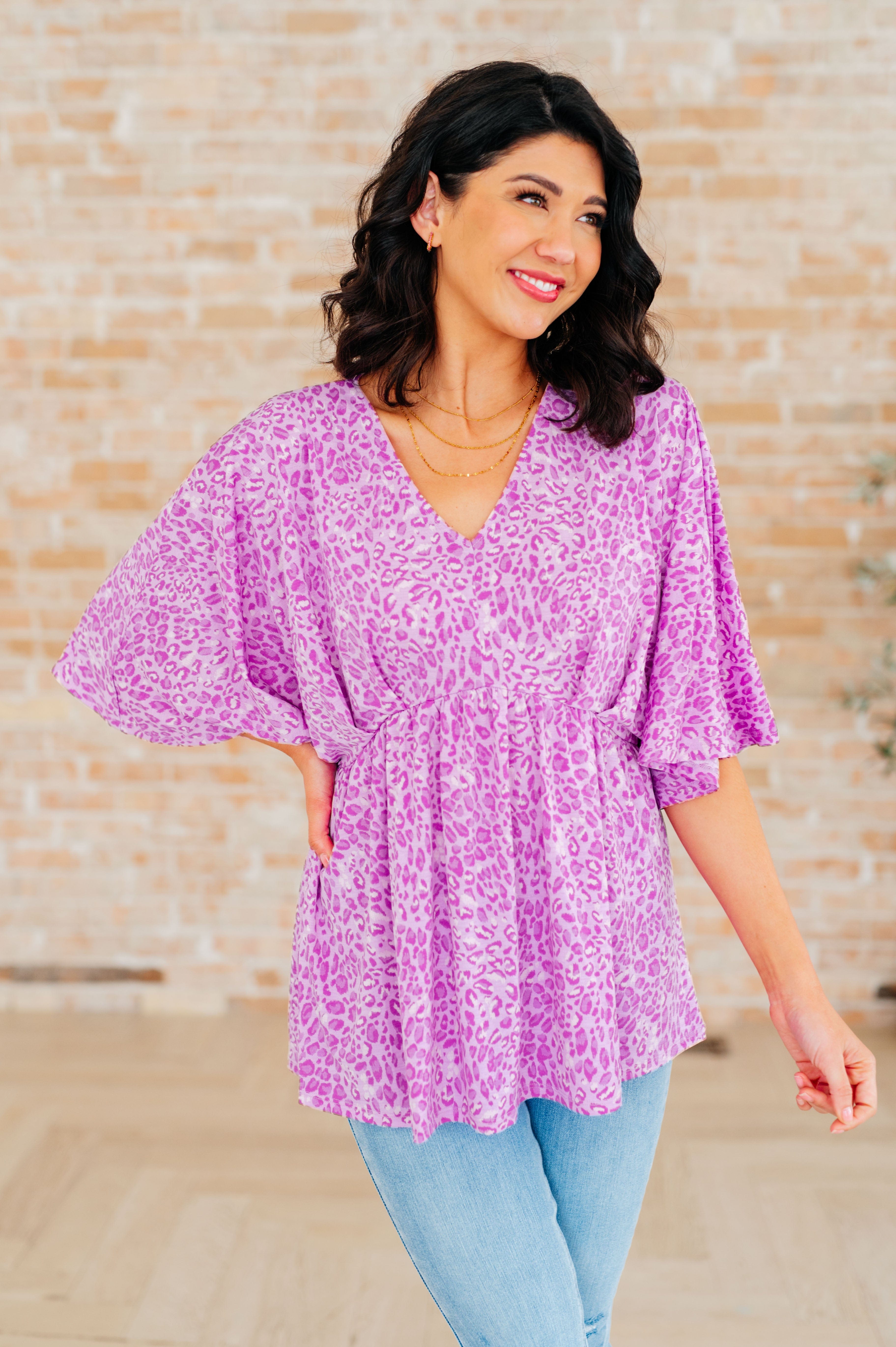 Dreamer Peplum Top in Lavender Leopard-Tops-Stay Foxy Boutique, Florissant, Missouri