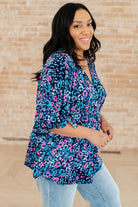 Dreamer Peplum Top in Navy and Lavender Animal Print-Tops-Stay Foxy Boutique, Florissant, Missouri