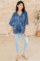 Dreamer Peplum Top in Navy and Lavender Animal Print-Tops-Stay Foxy Boutique, Florissant, Missouri