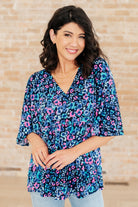 Dreamer Peplum Top in Navy and Lavender Animal Print-Tops-Stay Foxy Boutique, Florissant, Missouri