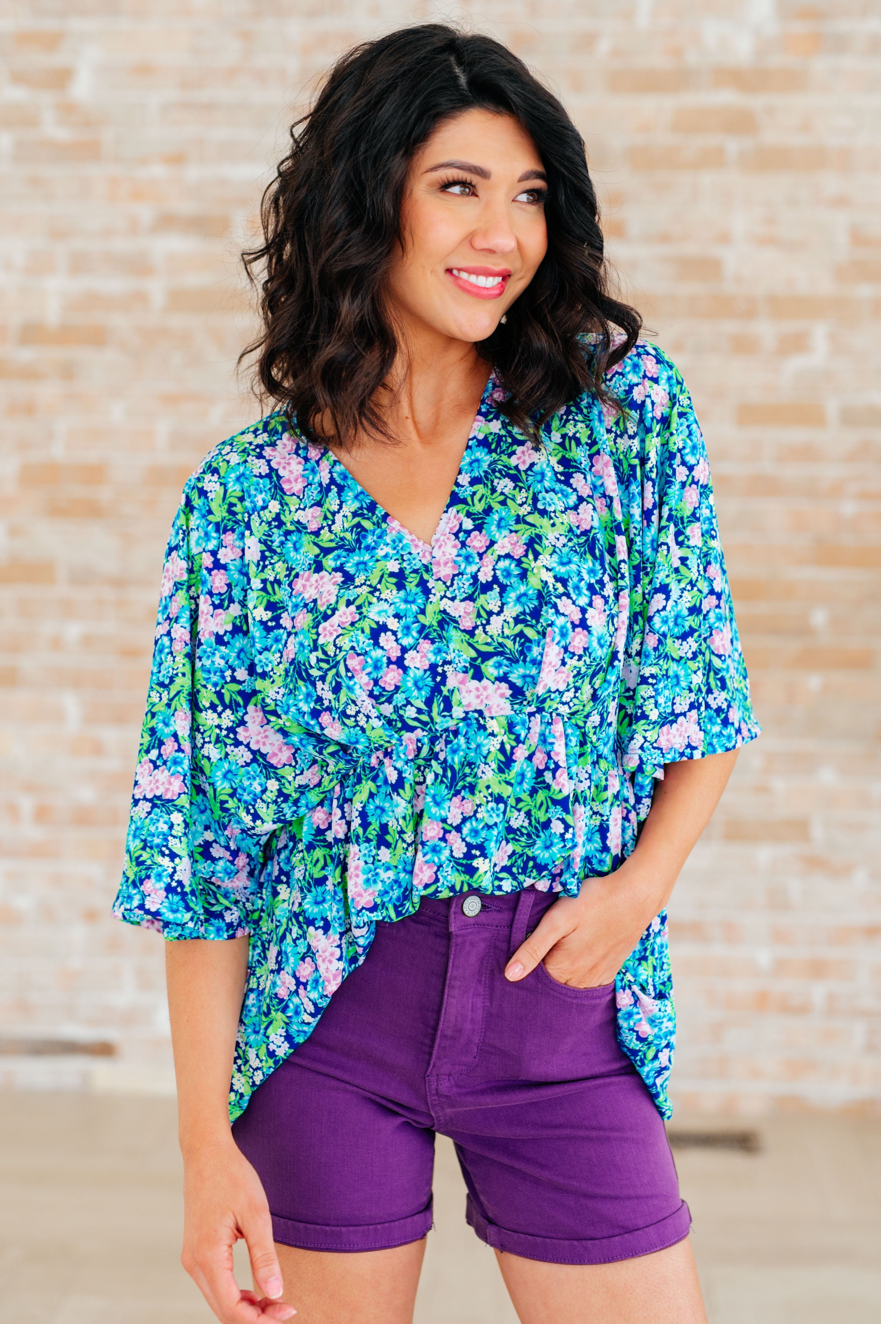 Dreamer Peplum Top in Navy and Mint Floral-Tops-Stay Foxy Boutique, Florissant, Missouri