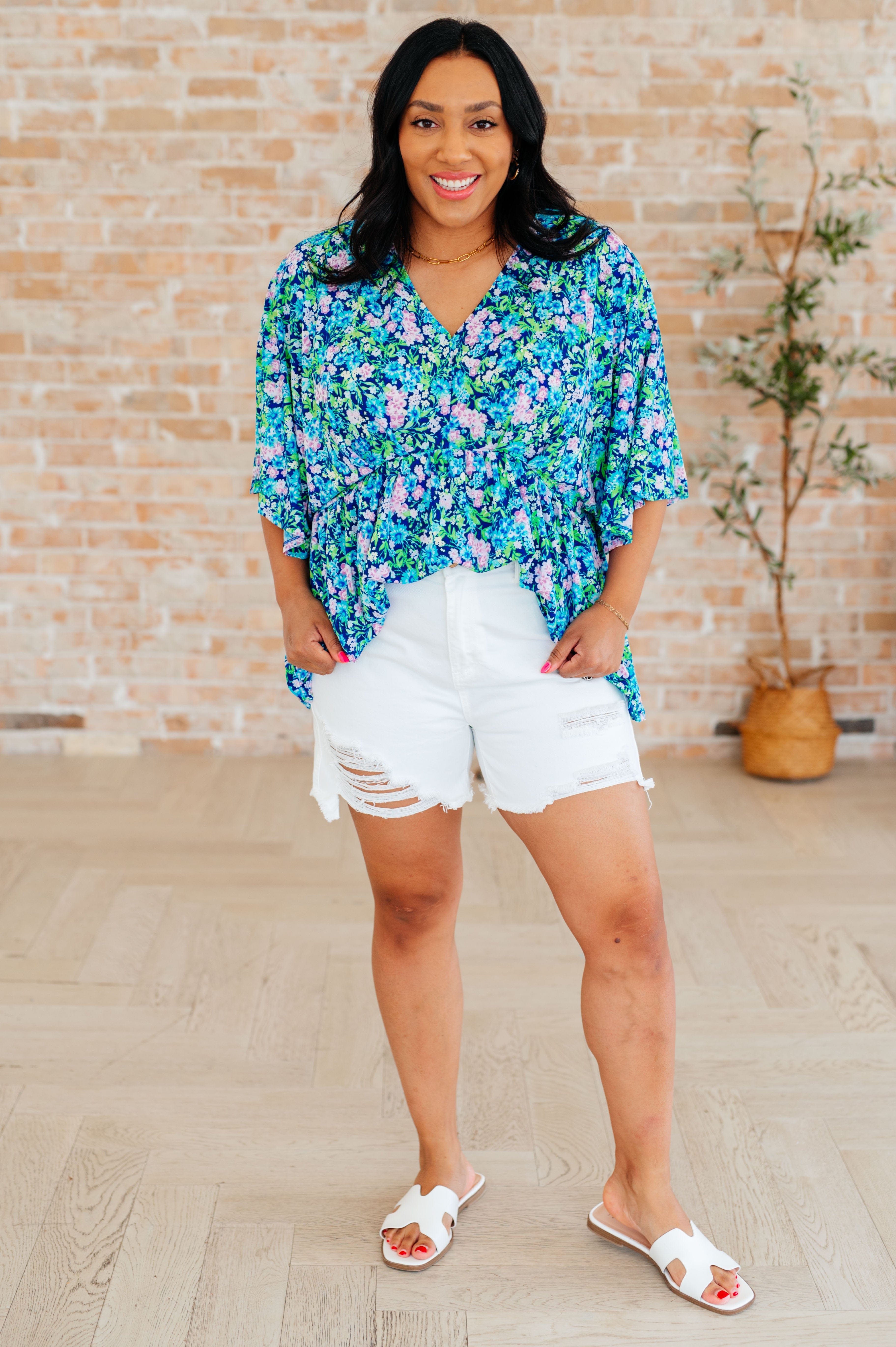 Dreamer Peplum Top in Navy and Mint Floral-Tops-Stay Foxy Boutique, Florissant, Missouri