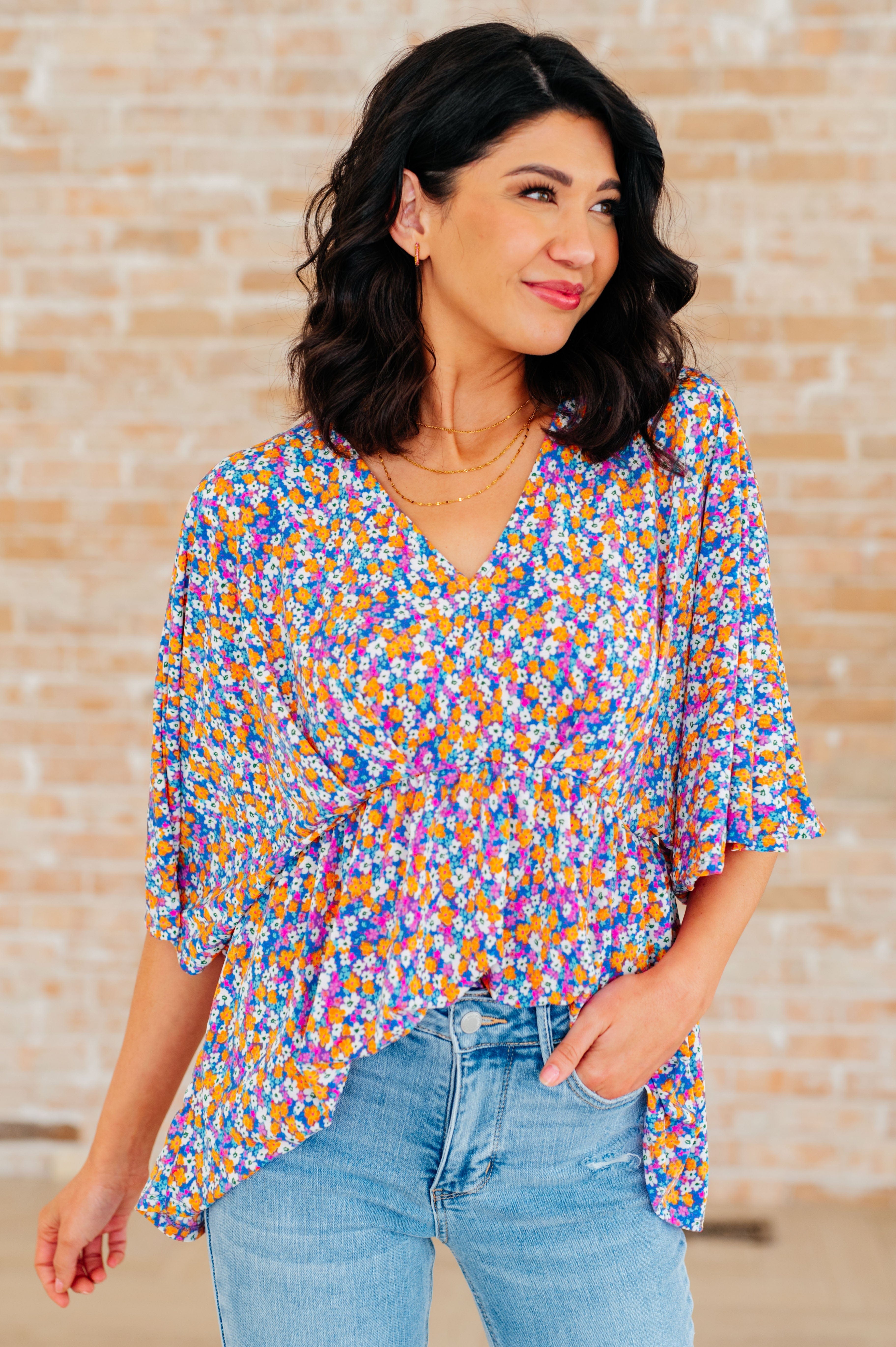 Dreamer Peplum Top in Purple Retro Ditsy Floral-Tops-Stay Foxy Boutique, Florissant, Missouri