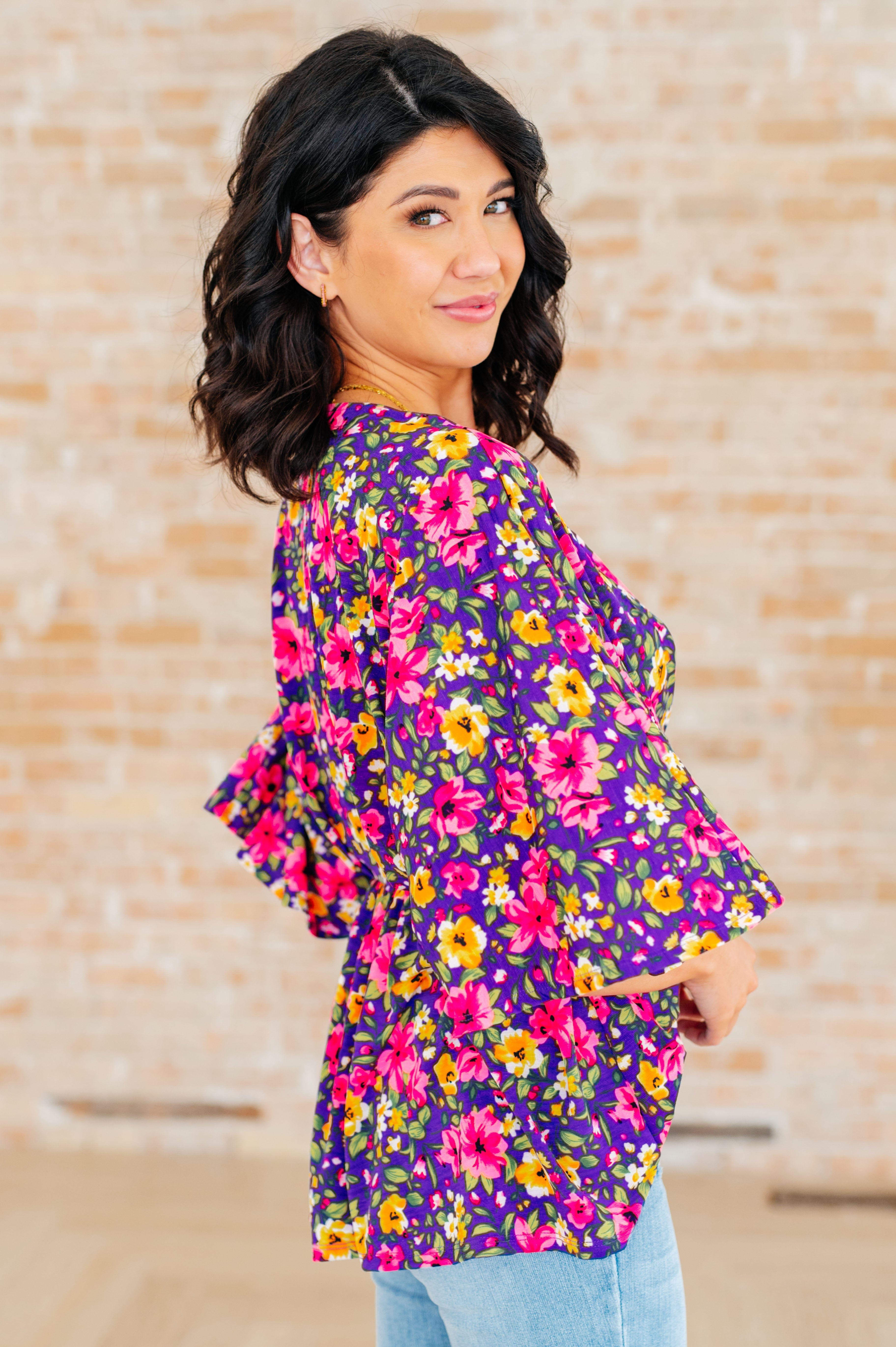 Dreamer Peplum Top in Purple and Pink Floral-Tops-Stay Foxy Boutique, Florissant, Missouri