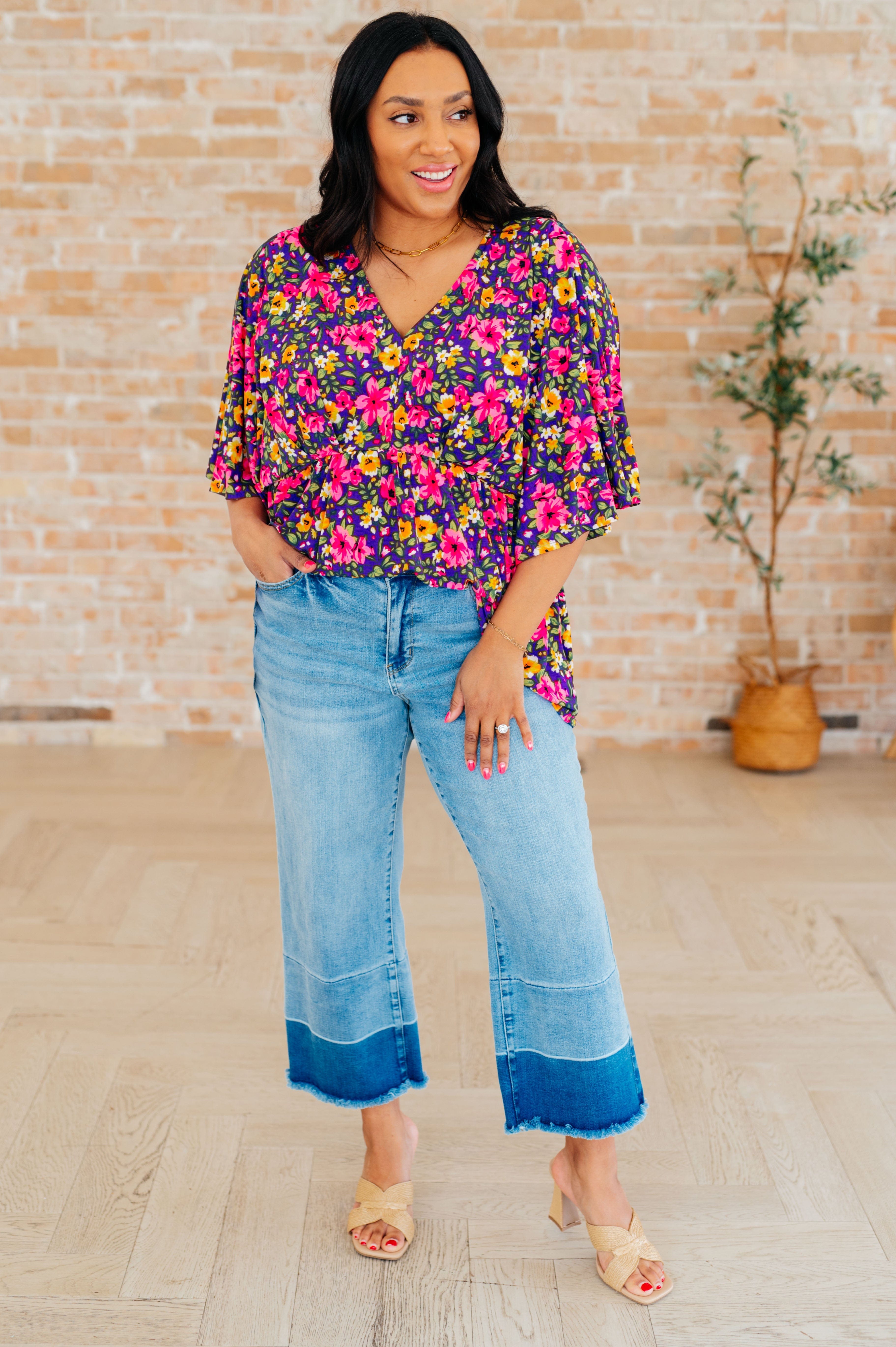 Dreamer Peplum Top in Purple and Pink Floral-Tops-Stay Foxy Boutique, Florissant, Missouri