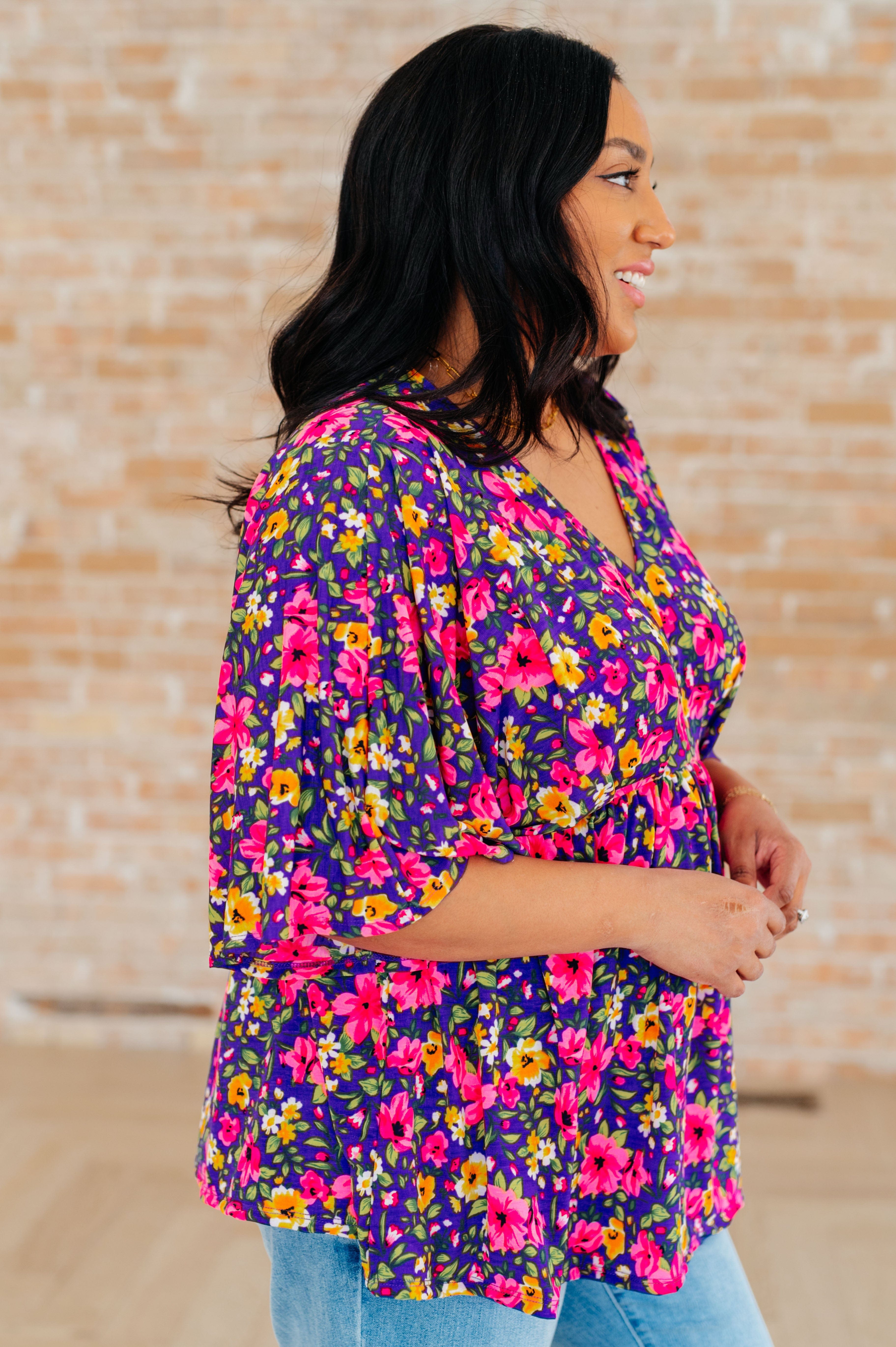 Dreamer Peplum Top in Purple and Pink Floral-Tops-Stay Foxy Boutique, Florissant, Missouri