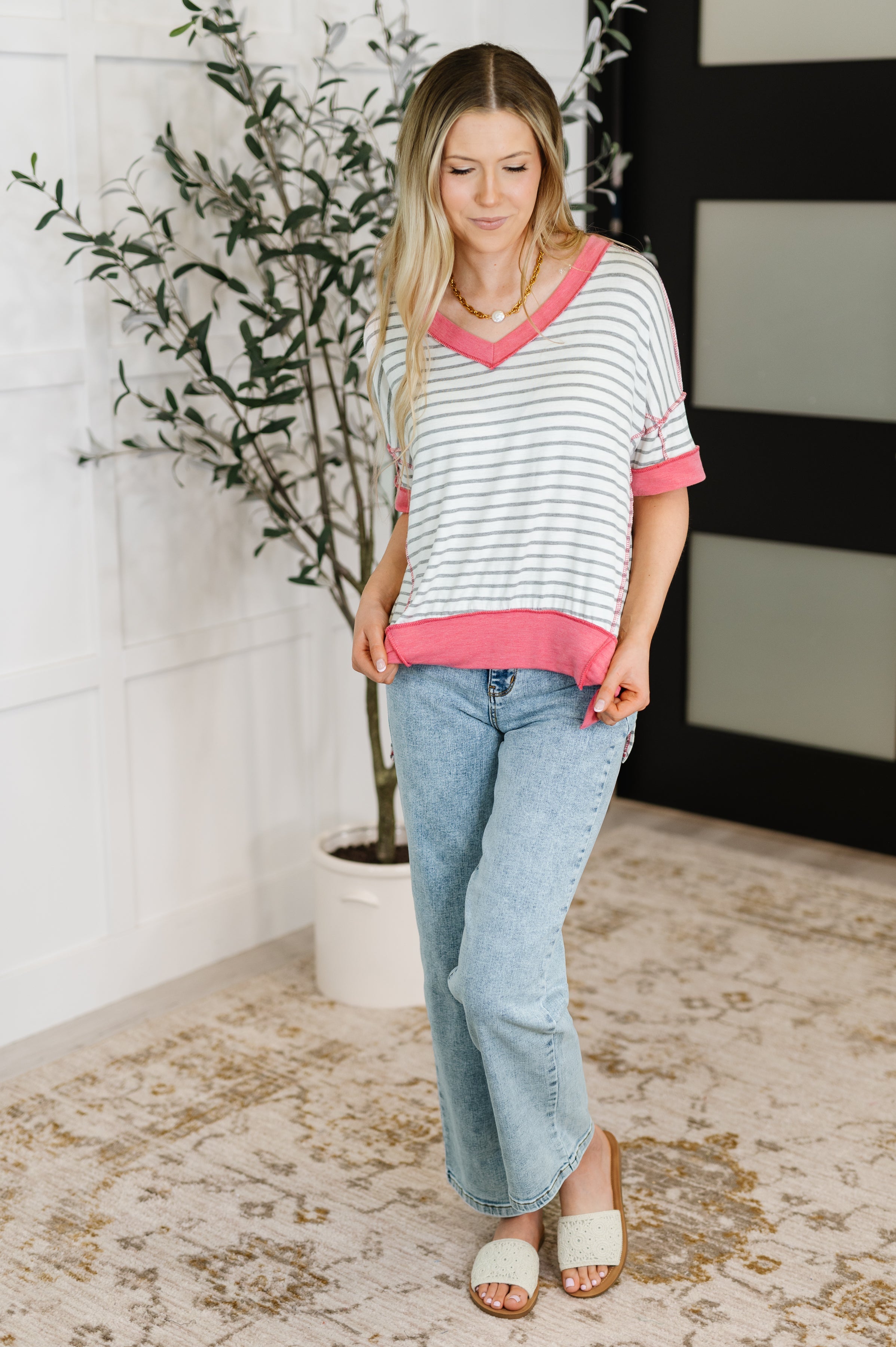 Dressed to Chill V-Neck Top in Heather/Grey/Ivory/Pink-Womens-Stay Foxy Boutique, Florissant, Missouri
