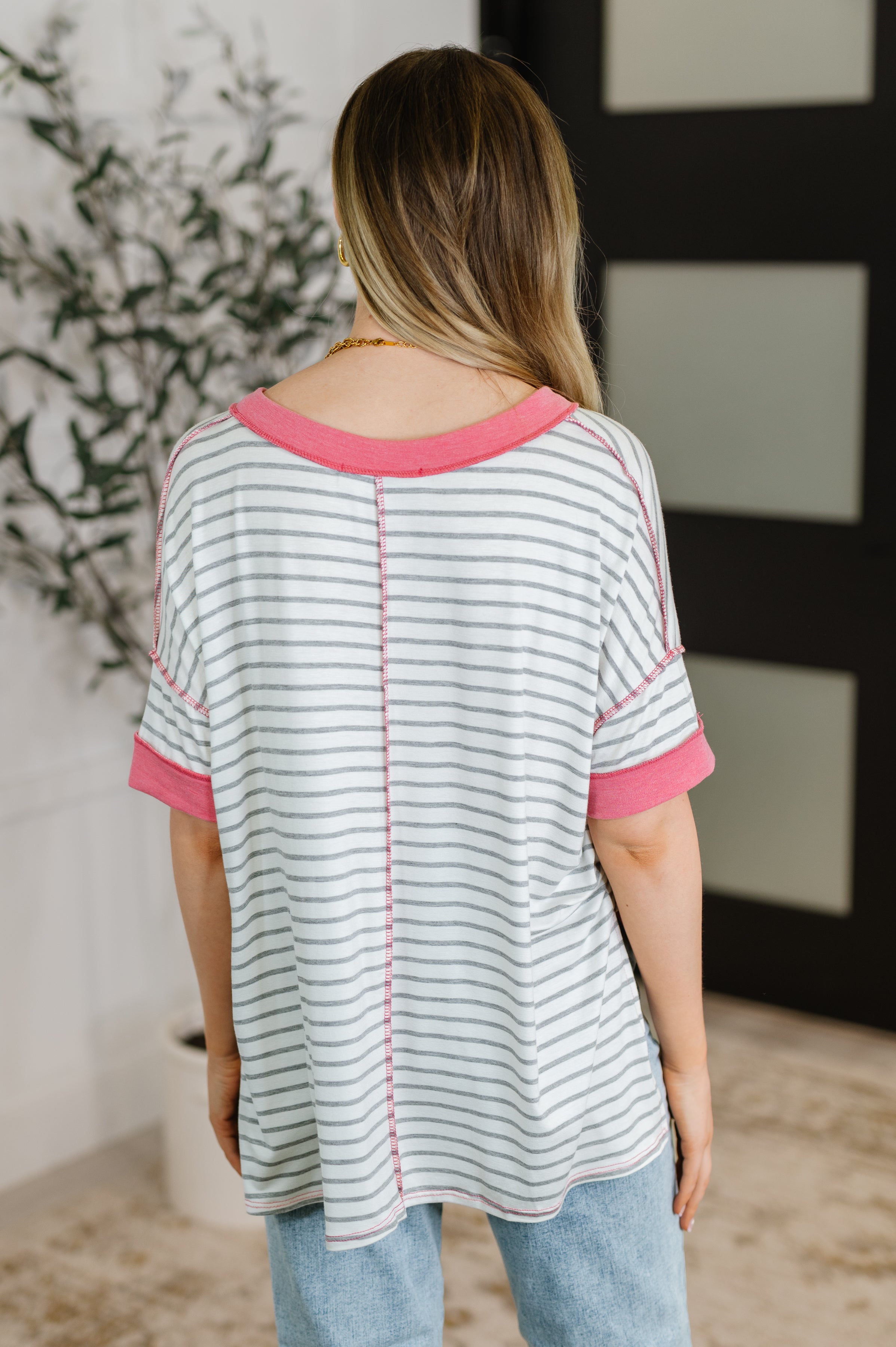 Dressed to Chill V-Neck Top in Heather/Grey/Ivory/Pink-Womens-Stay Foxy Boutique, Florissant, Missouri